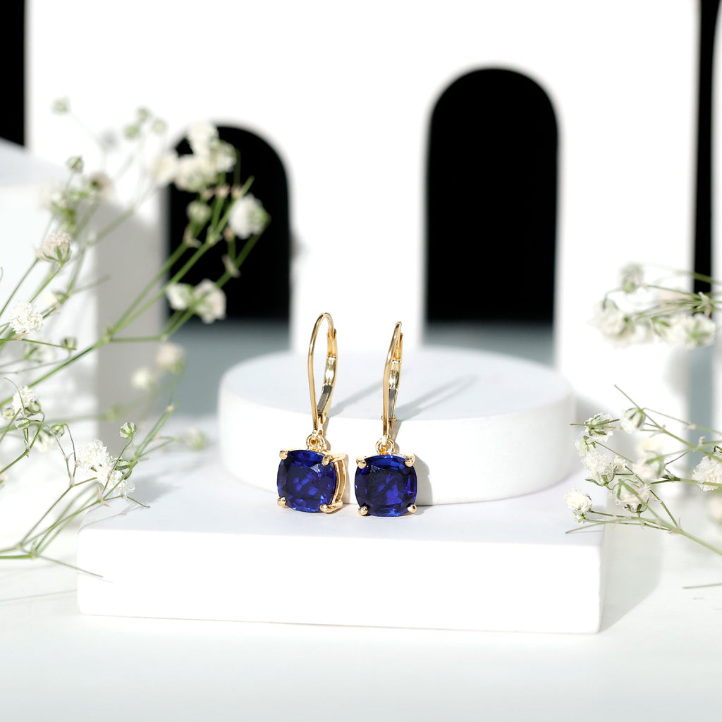 Cushion Cut Lab Grown Blue Sapphire Drop Hoop Earrings