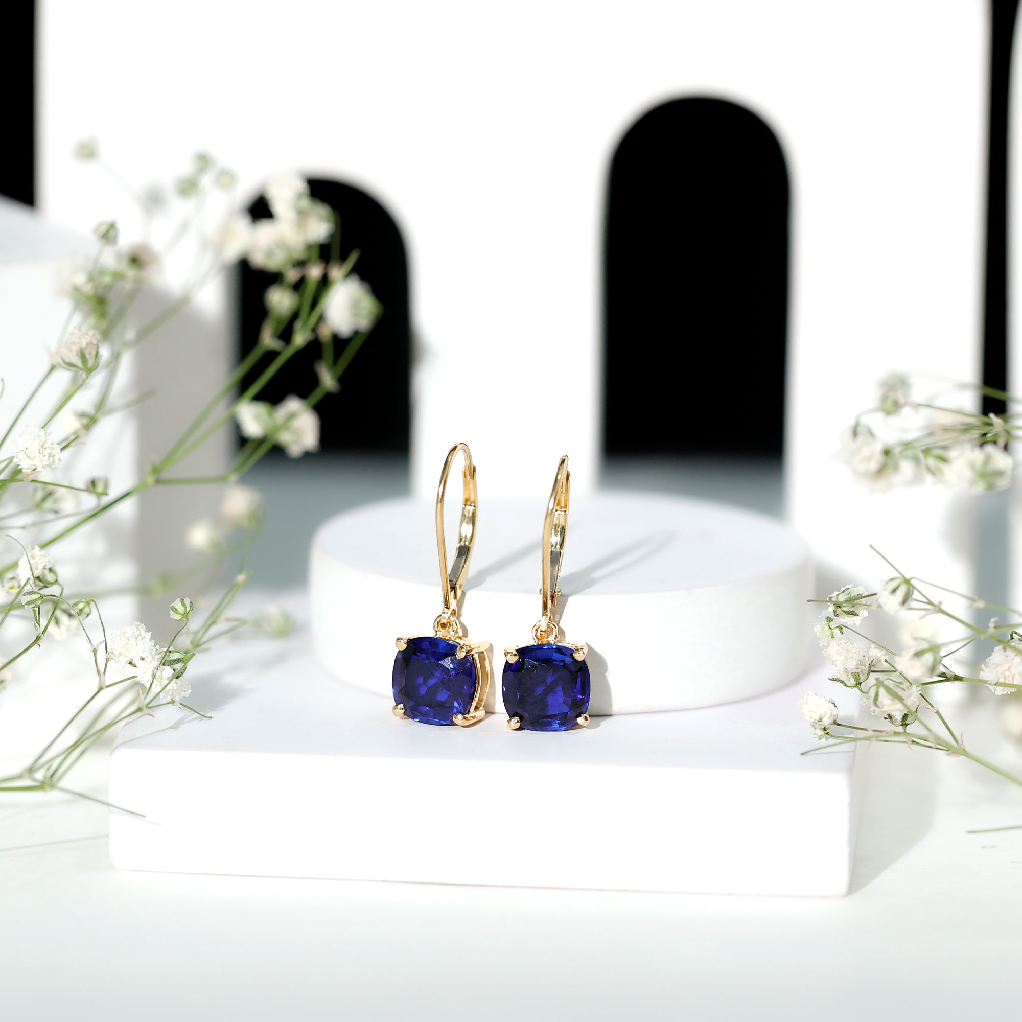 Cushion Cut Lab Grown Blue Sapphire Drop Hoop Earrings