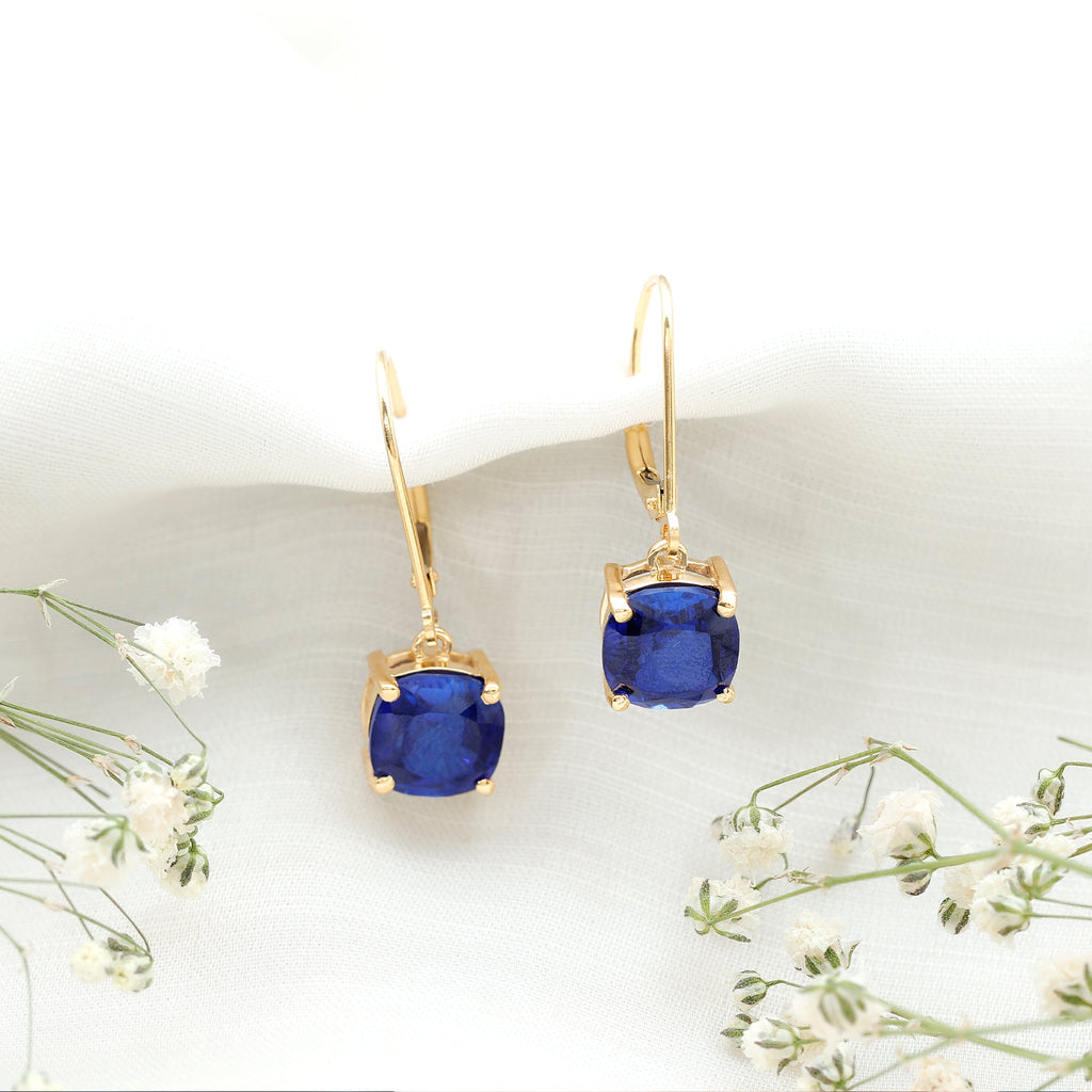 Cushion Cut Lab Grown Blue Sapphire Drop Hoop Earrings