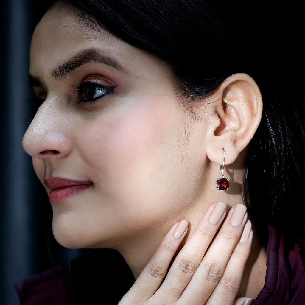 6.4 Carat Cushion Cut Garnet Solitaire Drop Earrings with Lever Back