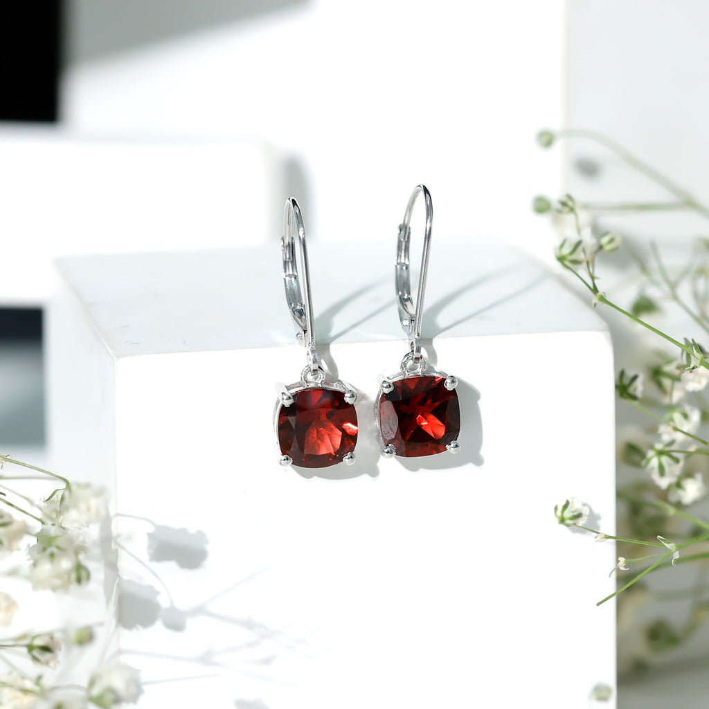 6.4 Carat Cushion Cut Garnet Solitaire Drop Earrings with Lever Back