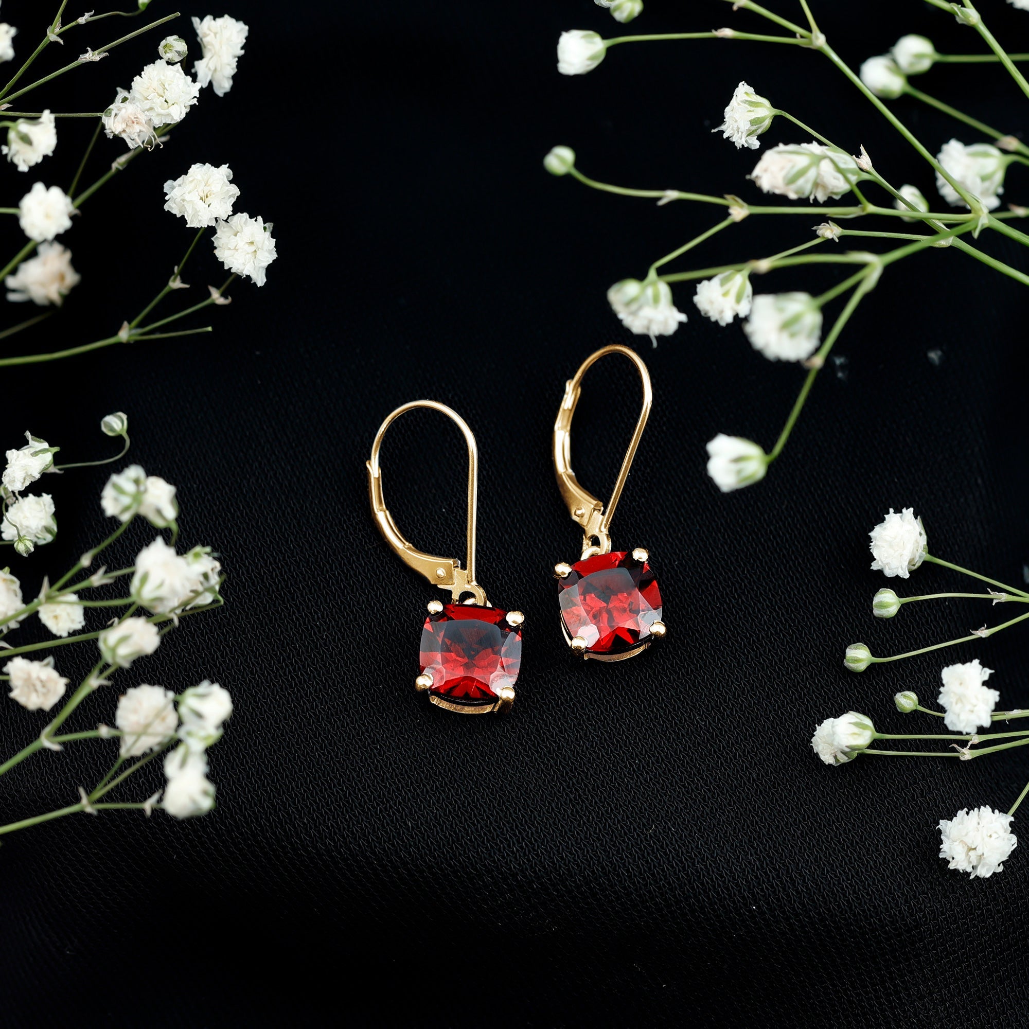 6.4 Carat Cushion Cut Garnet Solitaire Drop Earrings with Lever Back