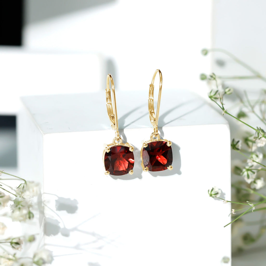 6.4 Carat Cushion Cut Garnet Solitaire Drop Earrings with Lever Back