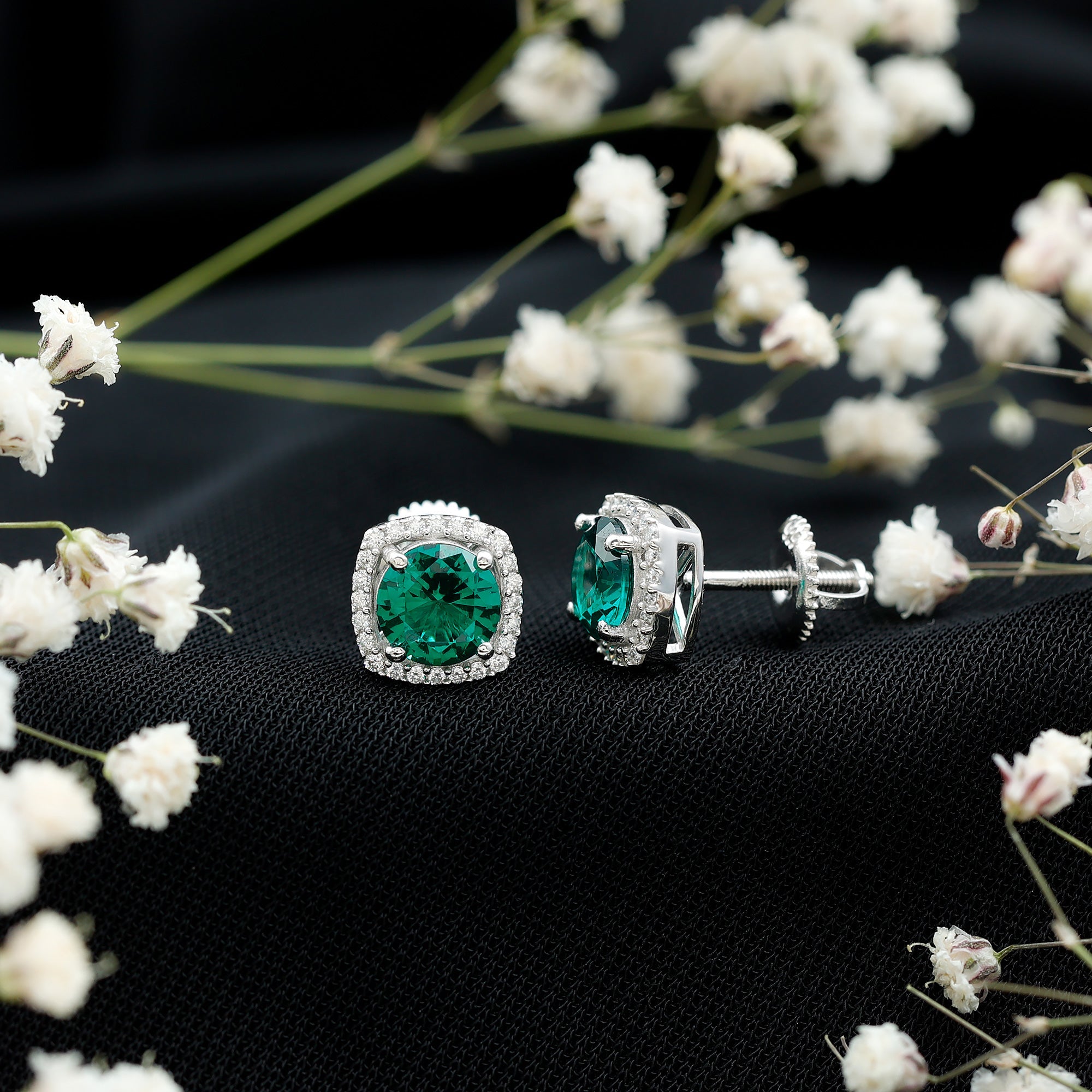 Classic Lab Grown Emerald Halo Stud Earrings with Certificate