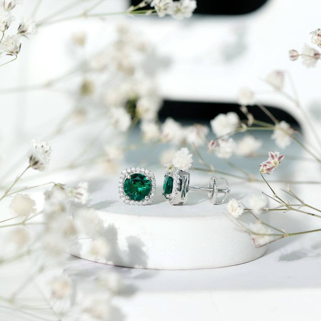 Classic Lab Grown Emerald Halo Stud Earrings with Certificate