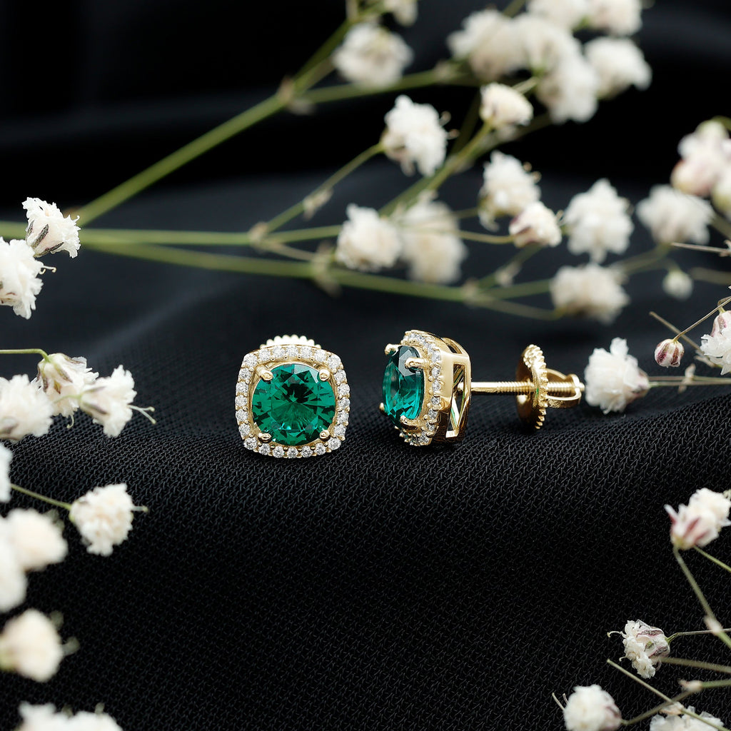 Classic Lab Grown Emerald Halo Stud Earrings with Certificate