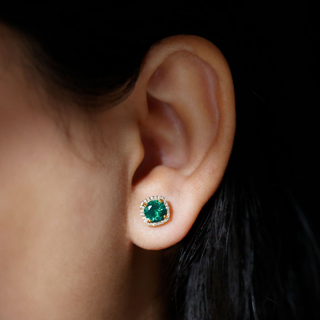 Classic Lab Grown Emerald Halo Stud Earrings with Certificate
