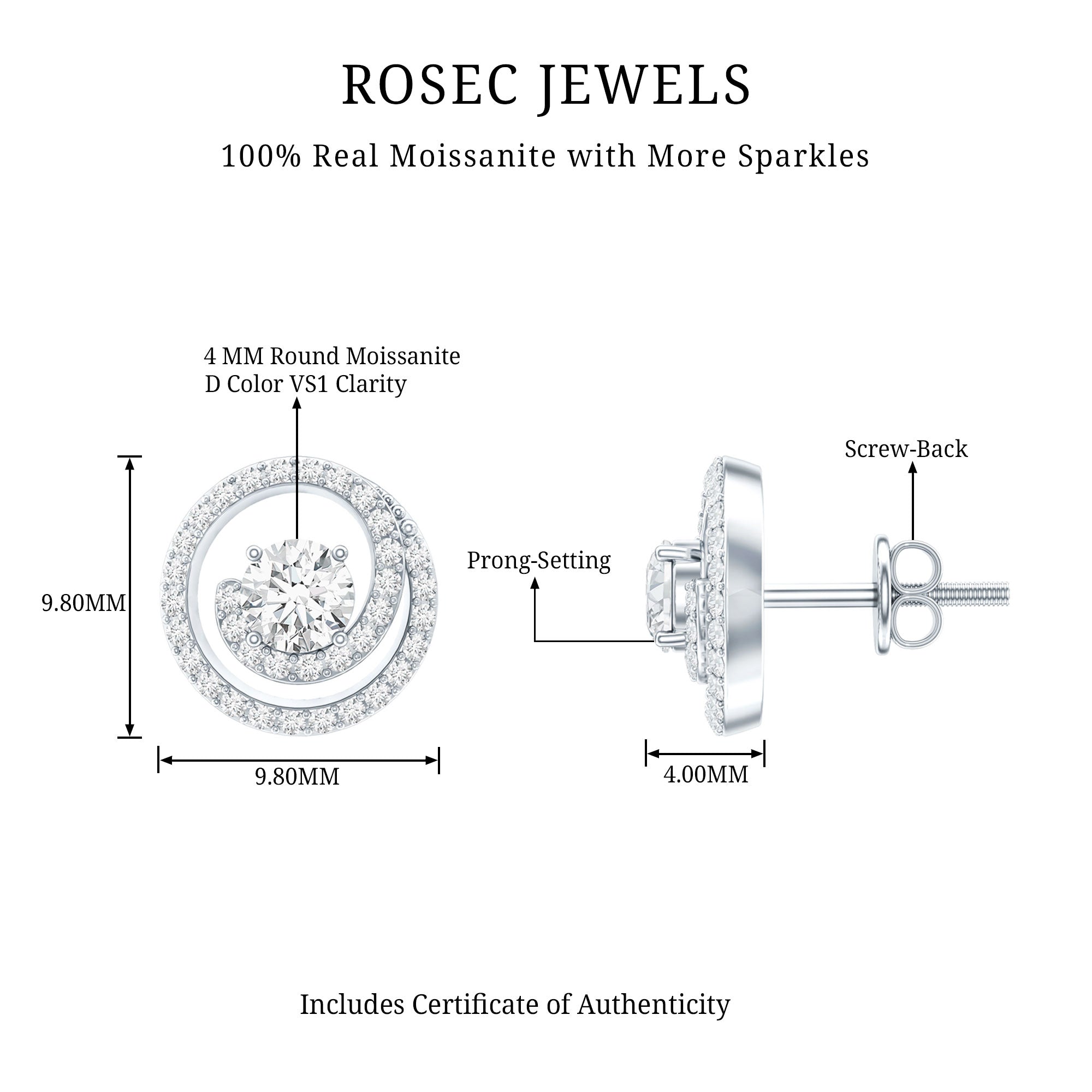 Certified Moissanite Swirl Earrings with Screw Back