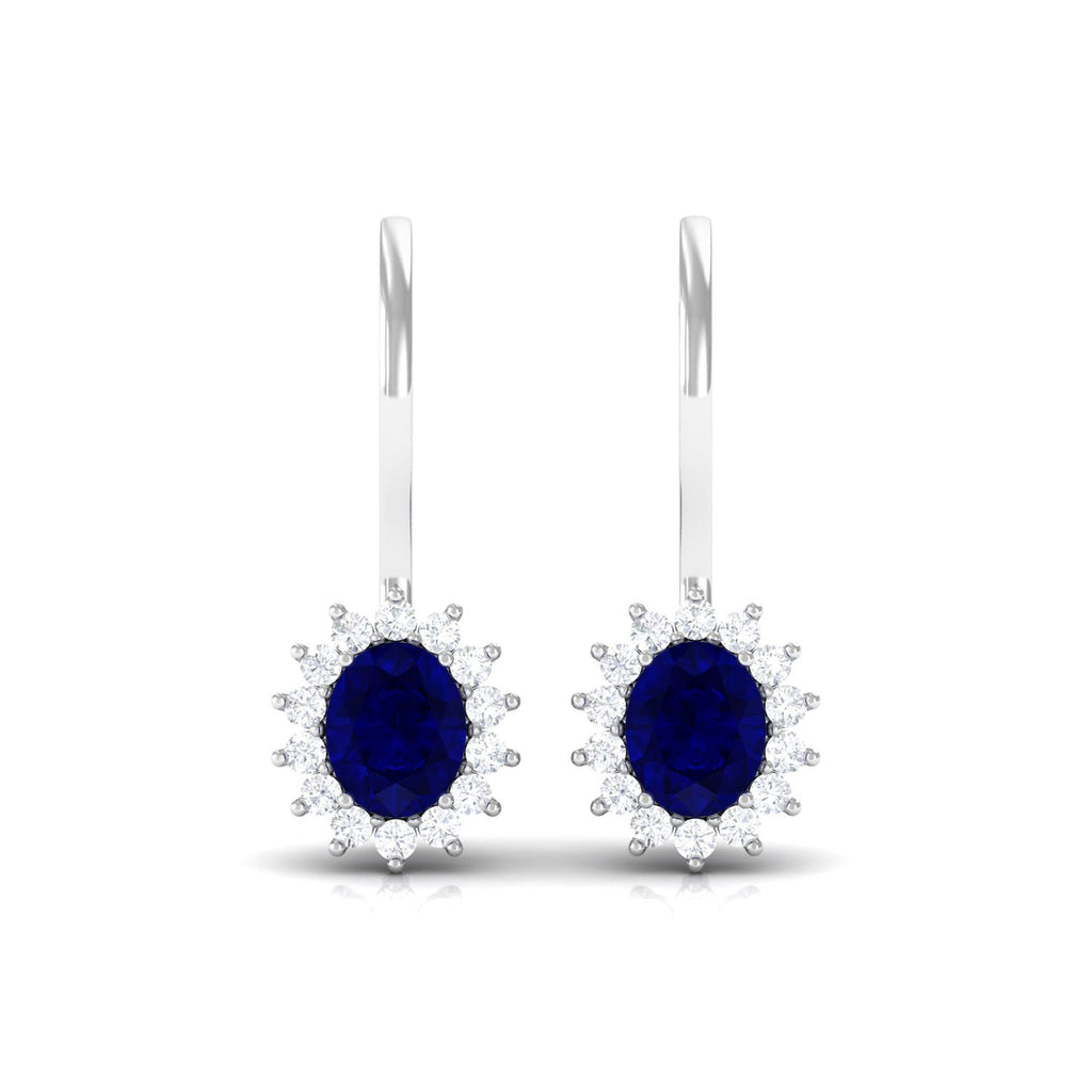1.2 Carat Oval Blue Sapphire Drop Earrings with Diamond Halo