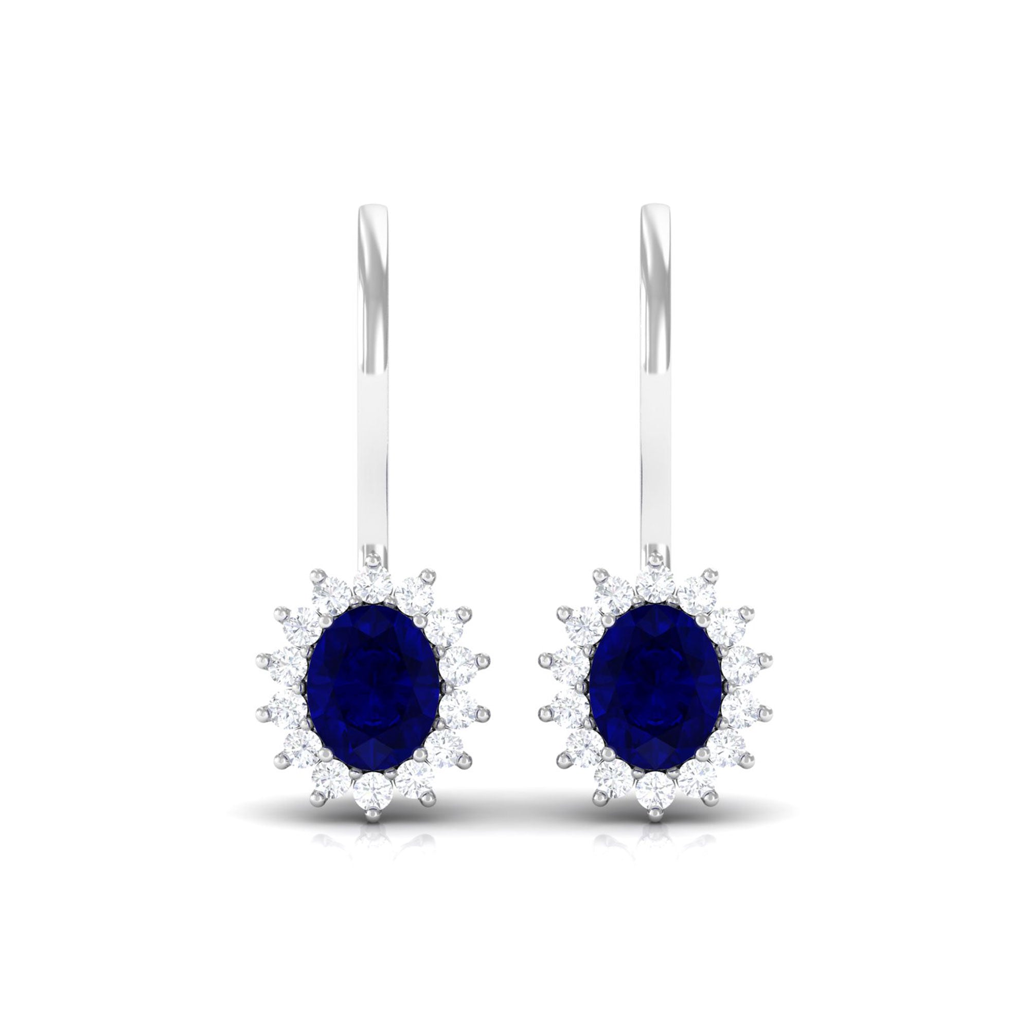 1.2 Carat Oval Blue Sapphire Drop Earrings with Diamond Halo