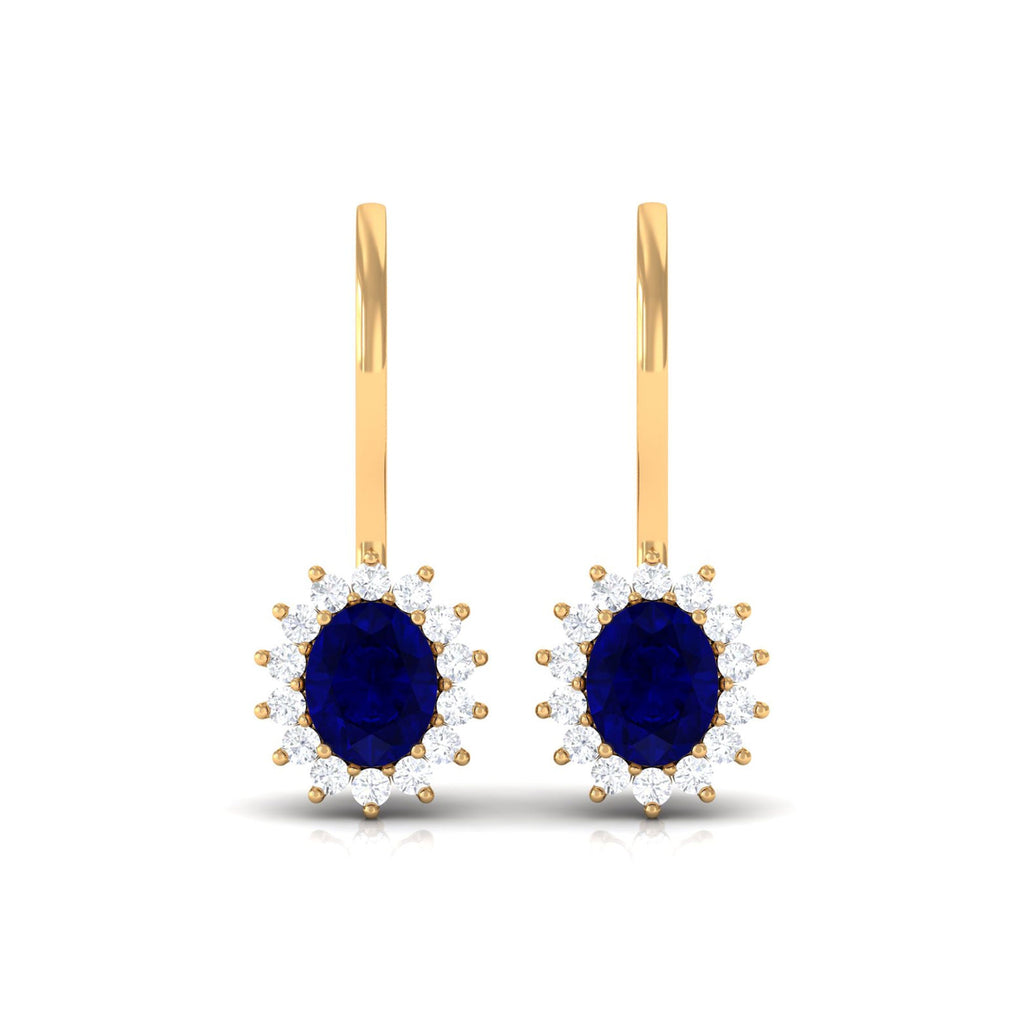 1.2 Carat Oval Blue Sapphire Drop Earrings with Diamond Halo