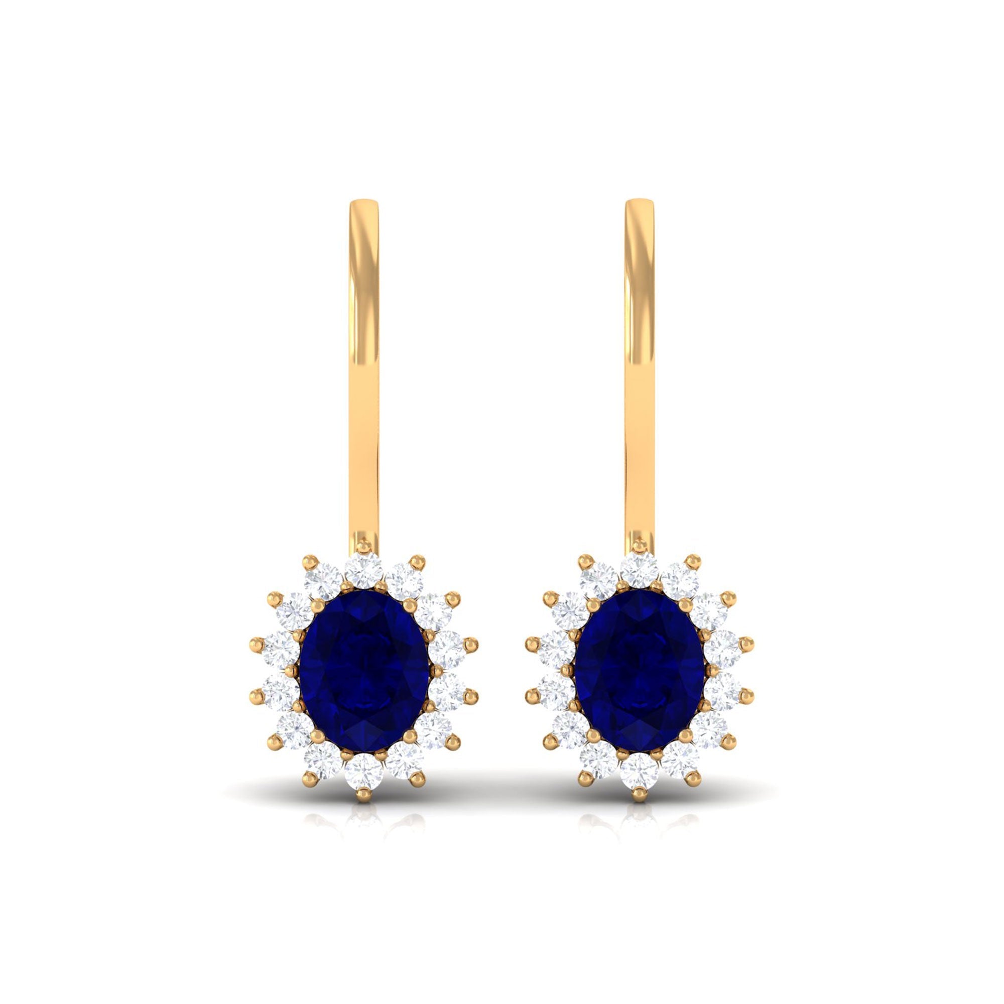 1.2 Carat Oval Blue Sapphire Drop Earrings with Diamond Halo
