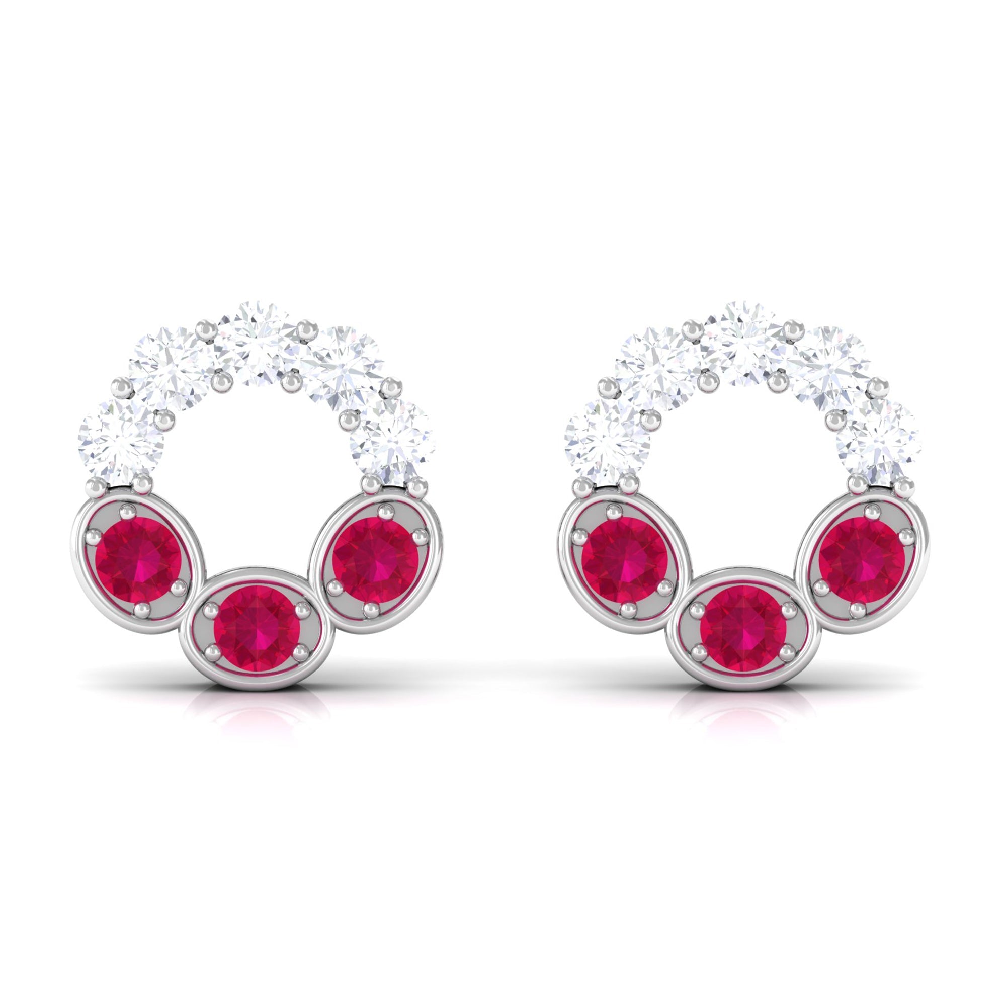 Three Stone Ruby Eternity Stud Earrings with Diamond