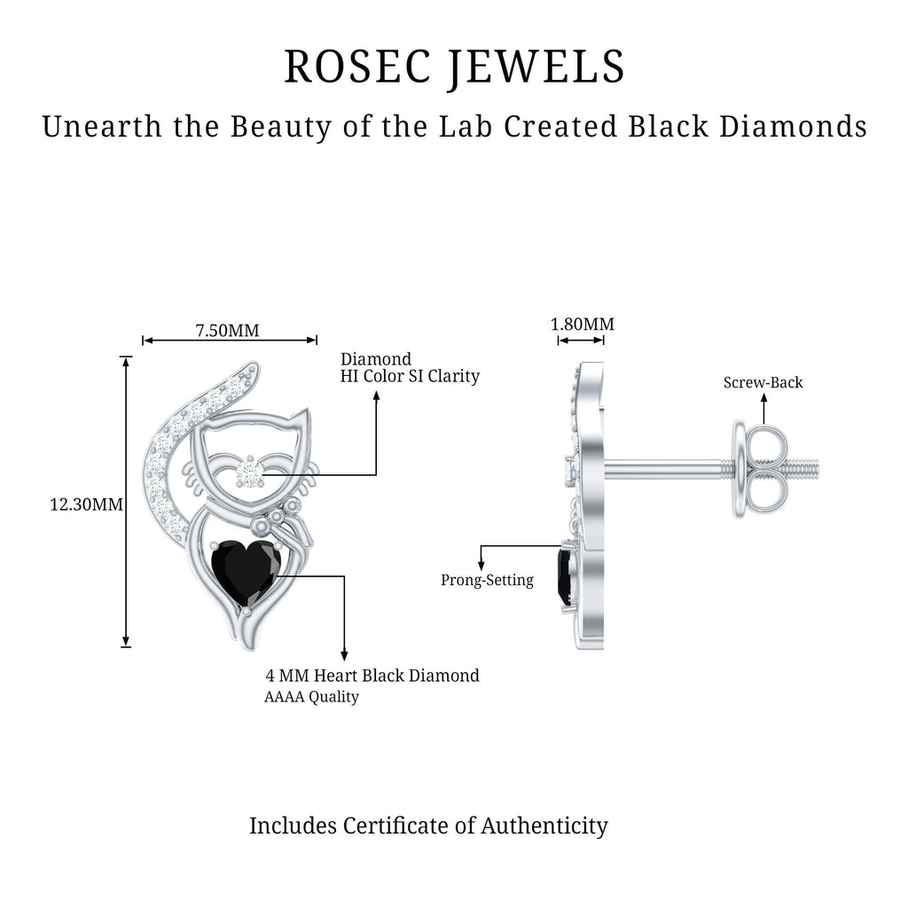 Heart Shape Lab Grown Black and White Diamond Cat Stud Earrings