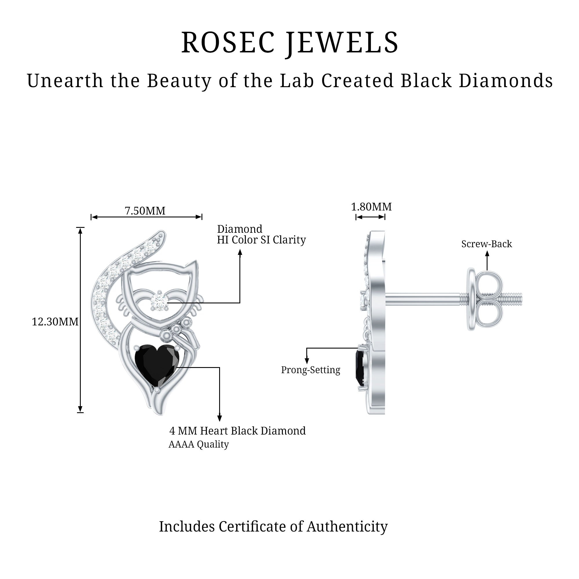 Heart Shape Lab Grown Black and White Diamond Cat Stud Earrings