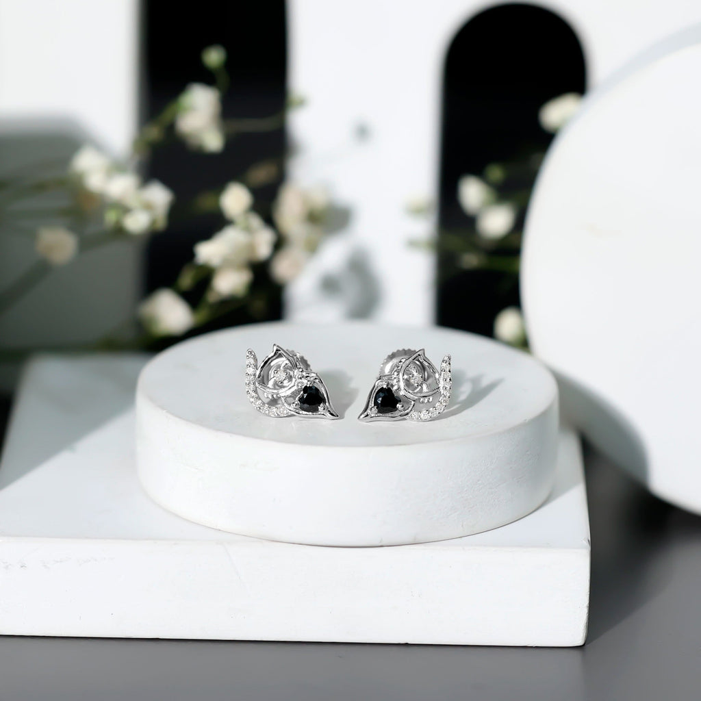 Heart Shape Lab Grown Black and White Diamond Cat Stud Earrings