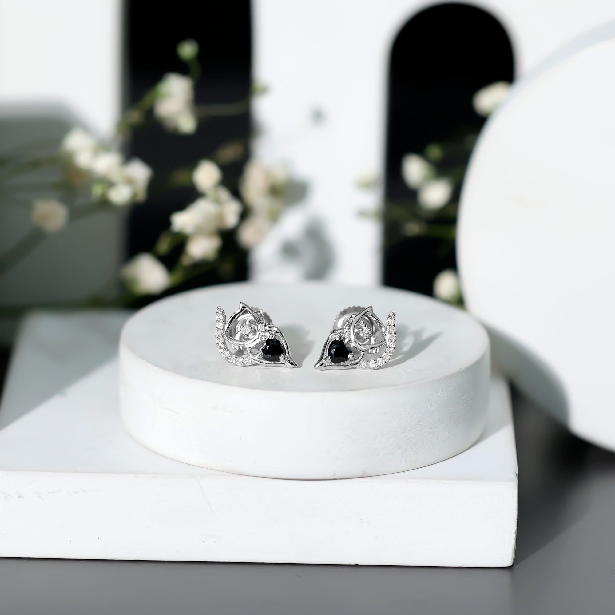 Heart Shape Lab Grown Black and White Diamond Cat Stud Earrings