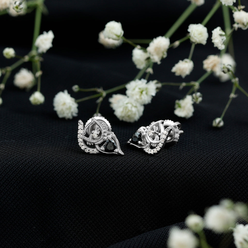 Heart Shape Lab Grown Black and White Diamond Cat Stud Earrings