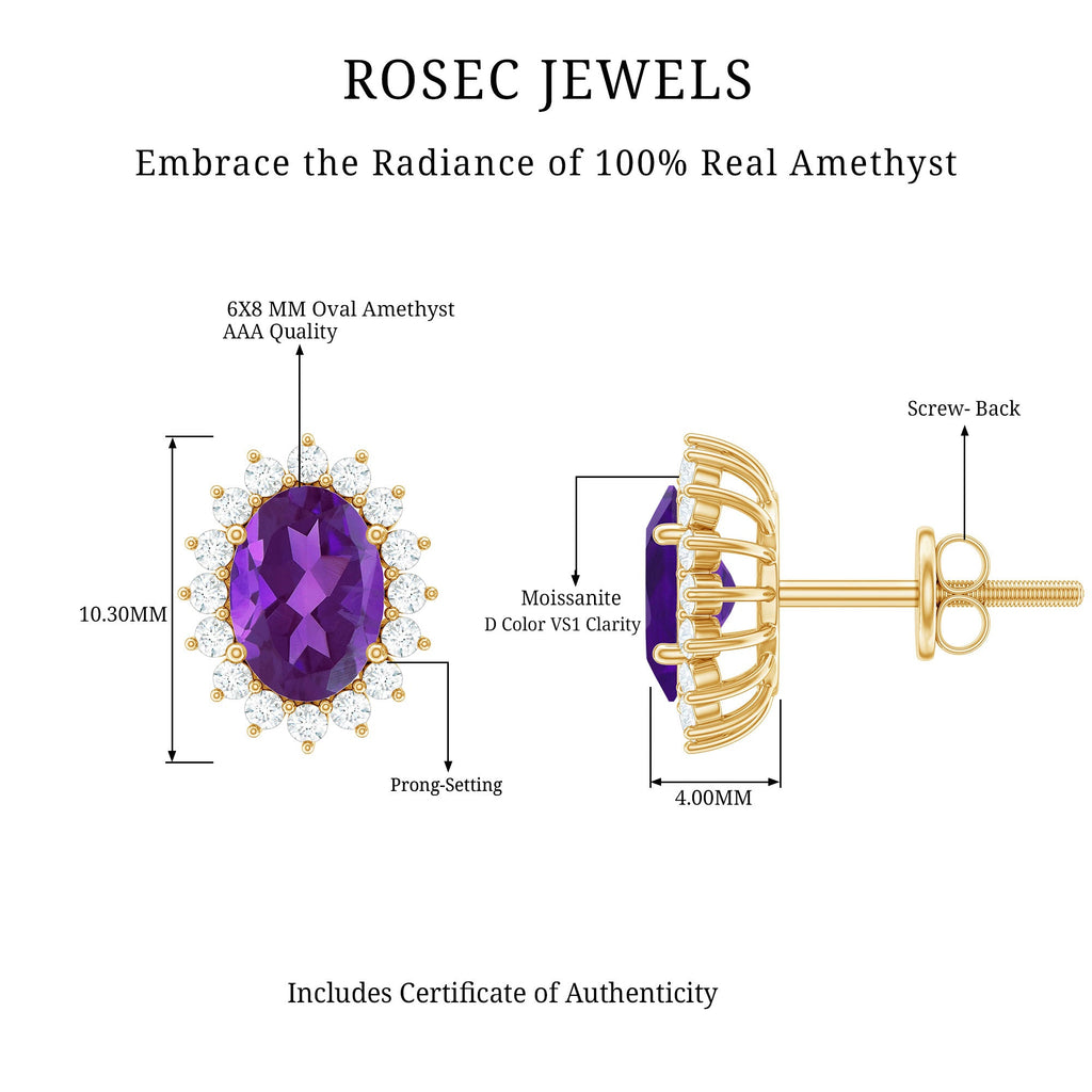 Classic Oval Amethyst Stud Earrings with Moissanite Halo