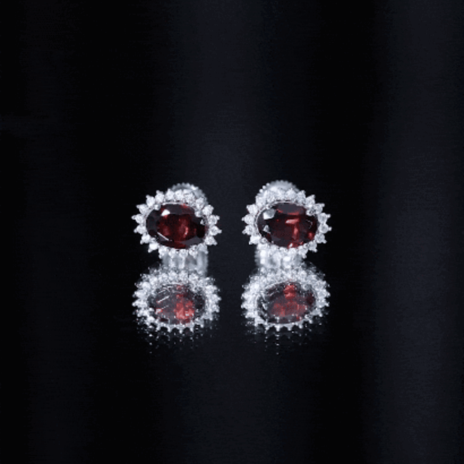 3 Carat Garnet Oval Stud Earrings with Moissanite Halo