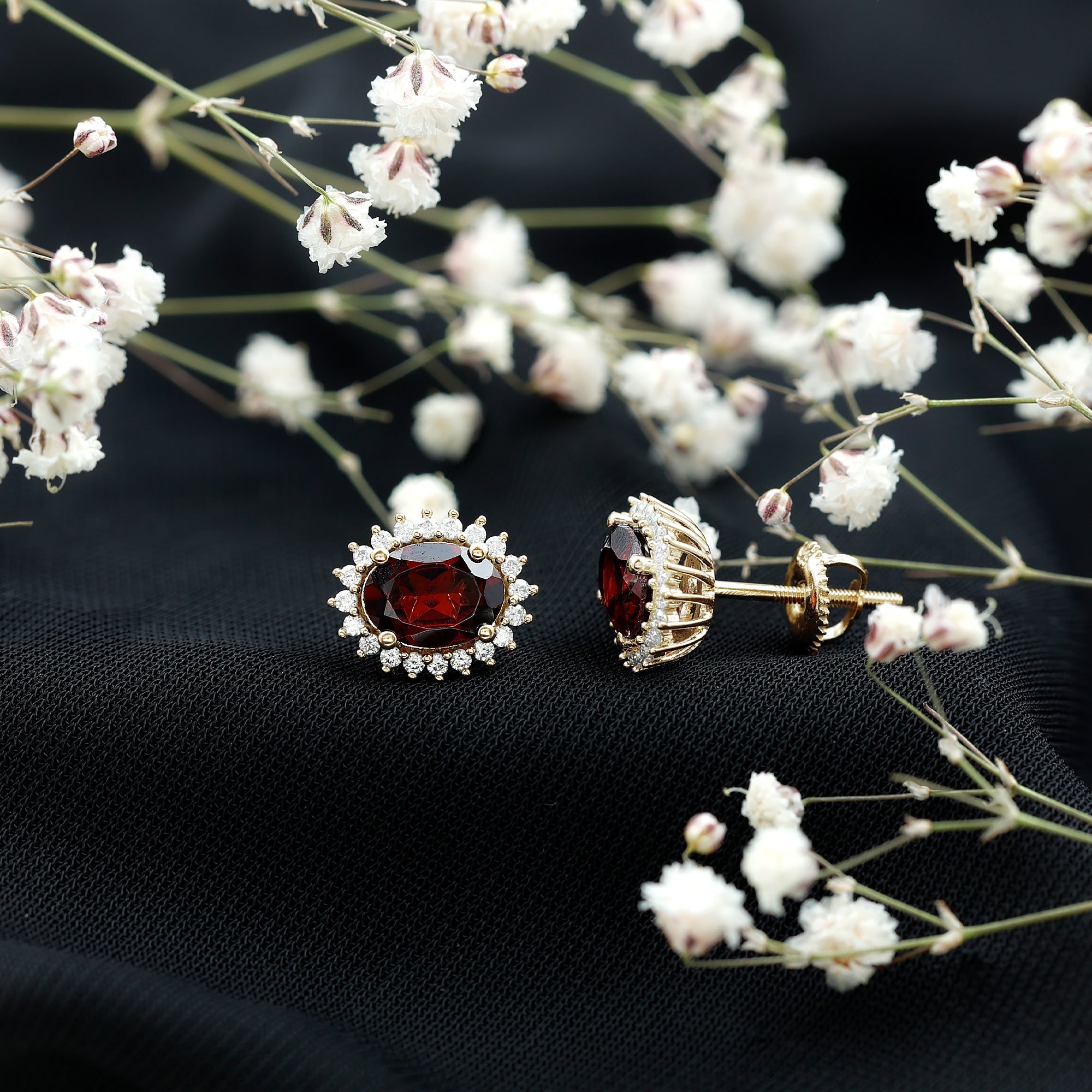 3 Carat Garnet Oval Stud Earrings with Moissanite Halo