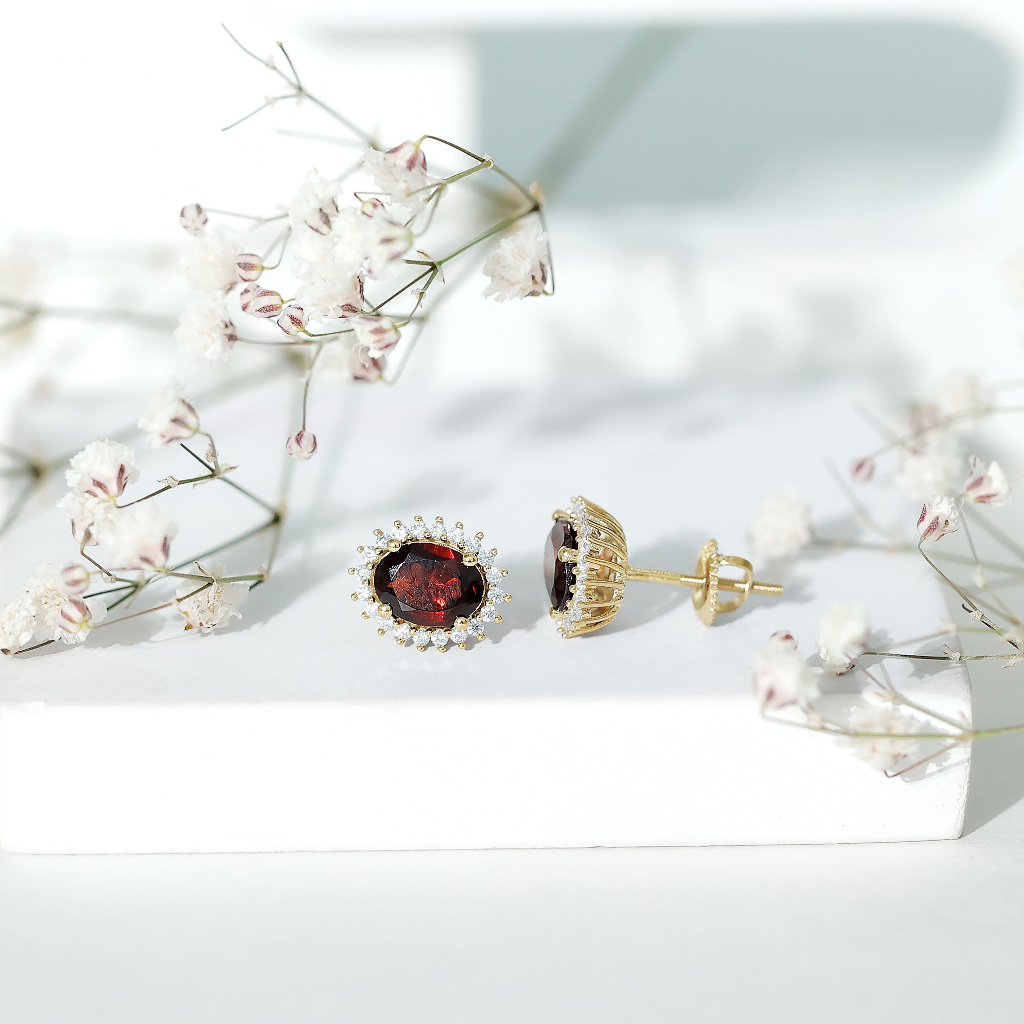 3 Carat Garnet Oval Stud Earrings with Moissanite Halo