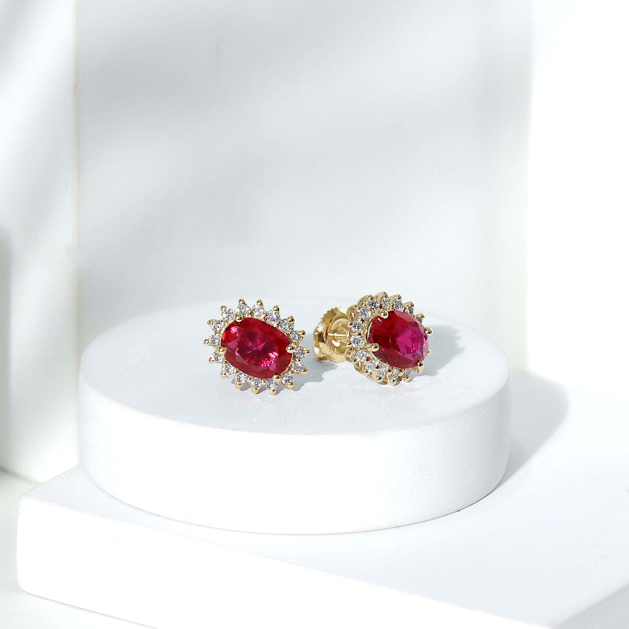 3 Carat Oval Lab Created Ruby Stud Earrings with Diamond Halo