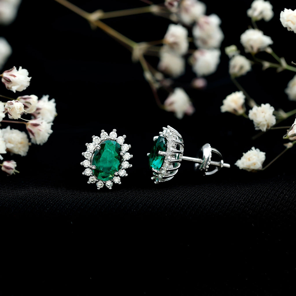Lab Created Emerald Oval Stud Earrings with Moissanite Halo
