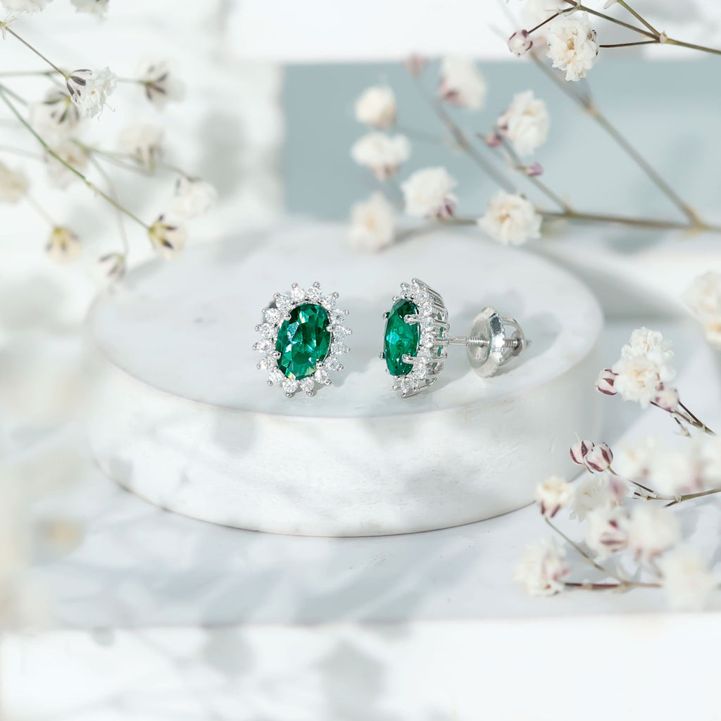 Lab Created Emerald Oval Stud Earrings with Moissanite Halo