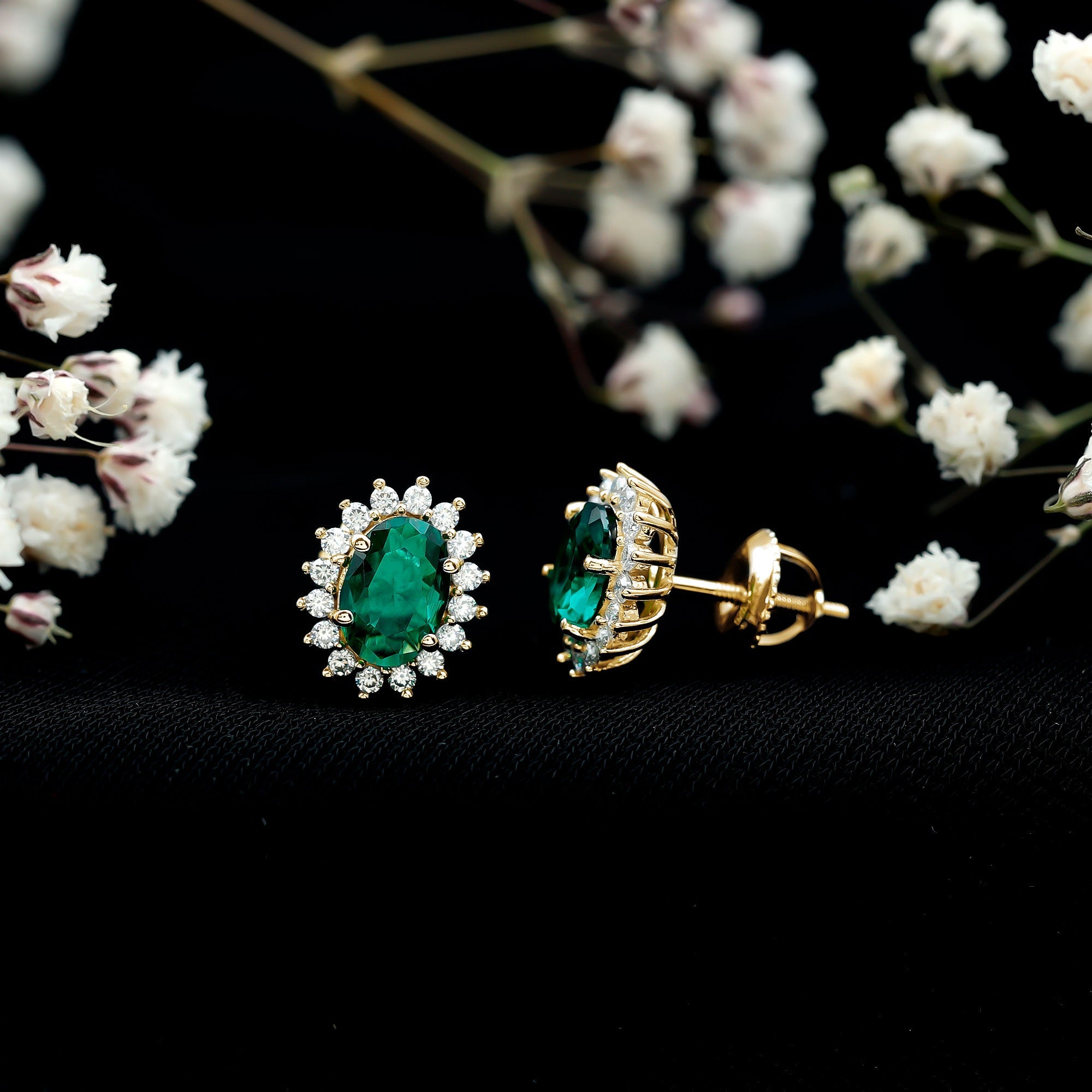 Lab Created Emerald Oval Stud Earrings with Moissanite Halo