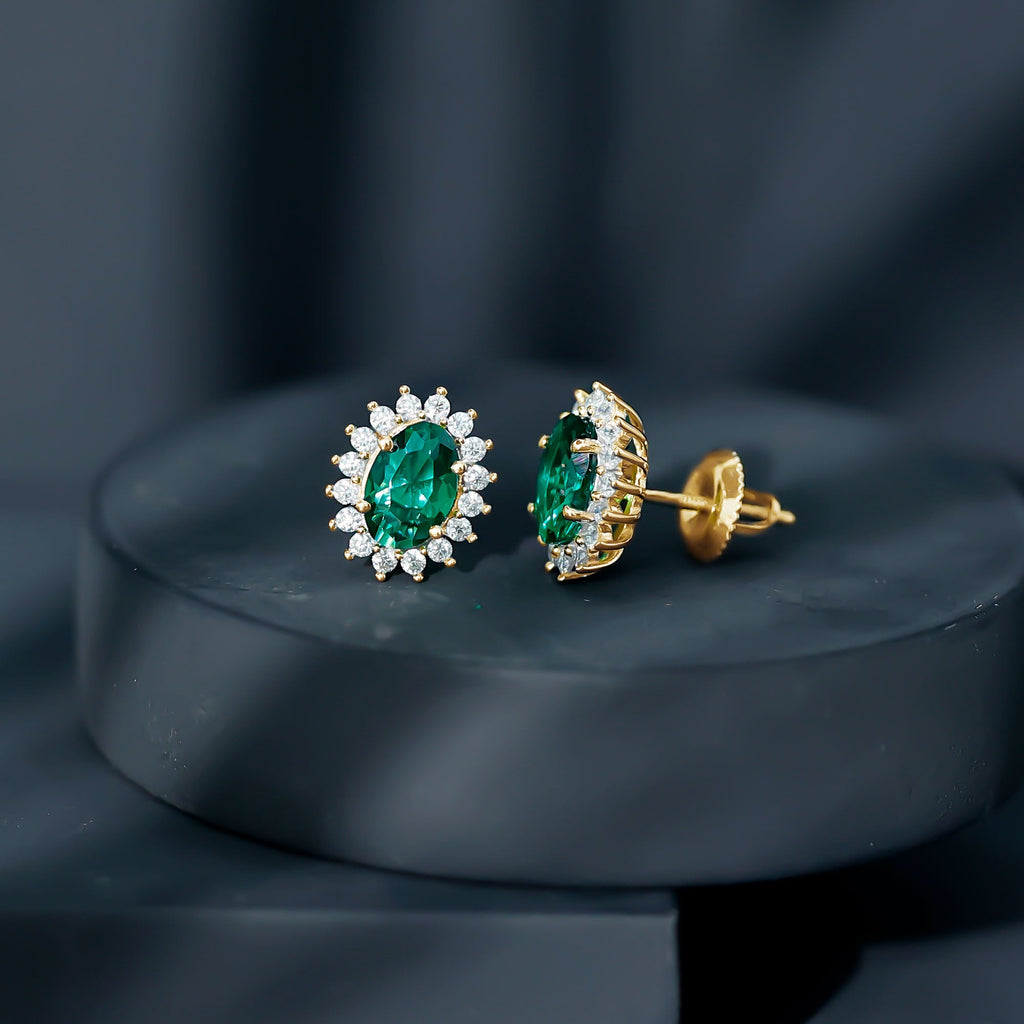 Lab Created Emerald Oval Stud Earrings with Moissanite Halo