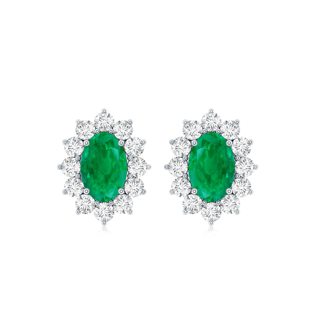 Oval Cut Natural Emerald Stud Earrings with Diamond Halo