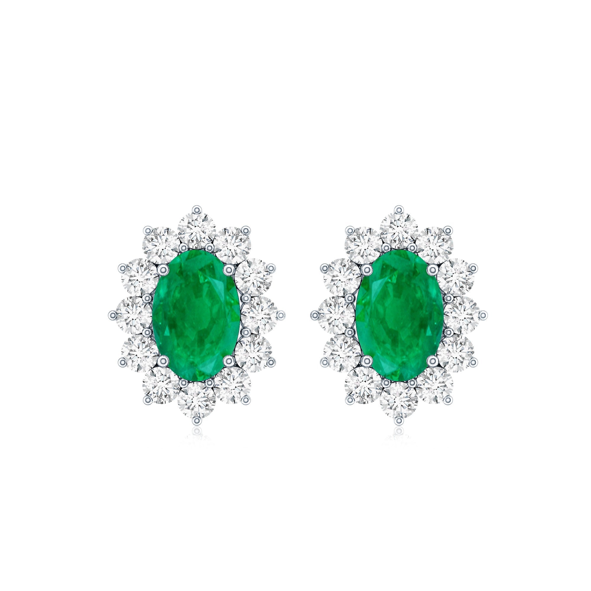Oval Cut Natural Emerald Stud Earrings with Diamond Halo