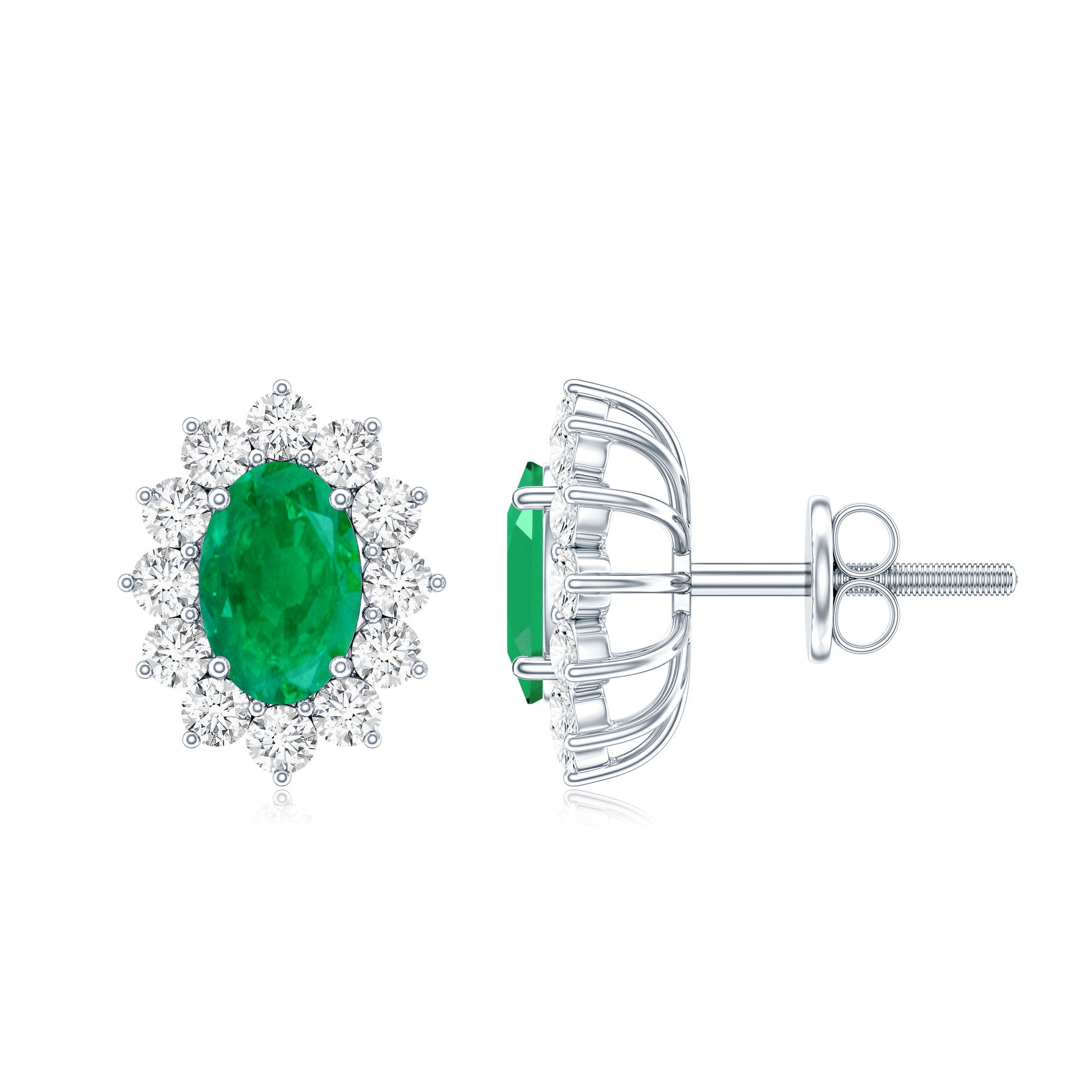 Oval Cut Natural Emerald Stud Earrings with Diamond Halo