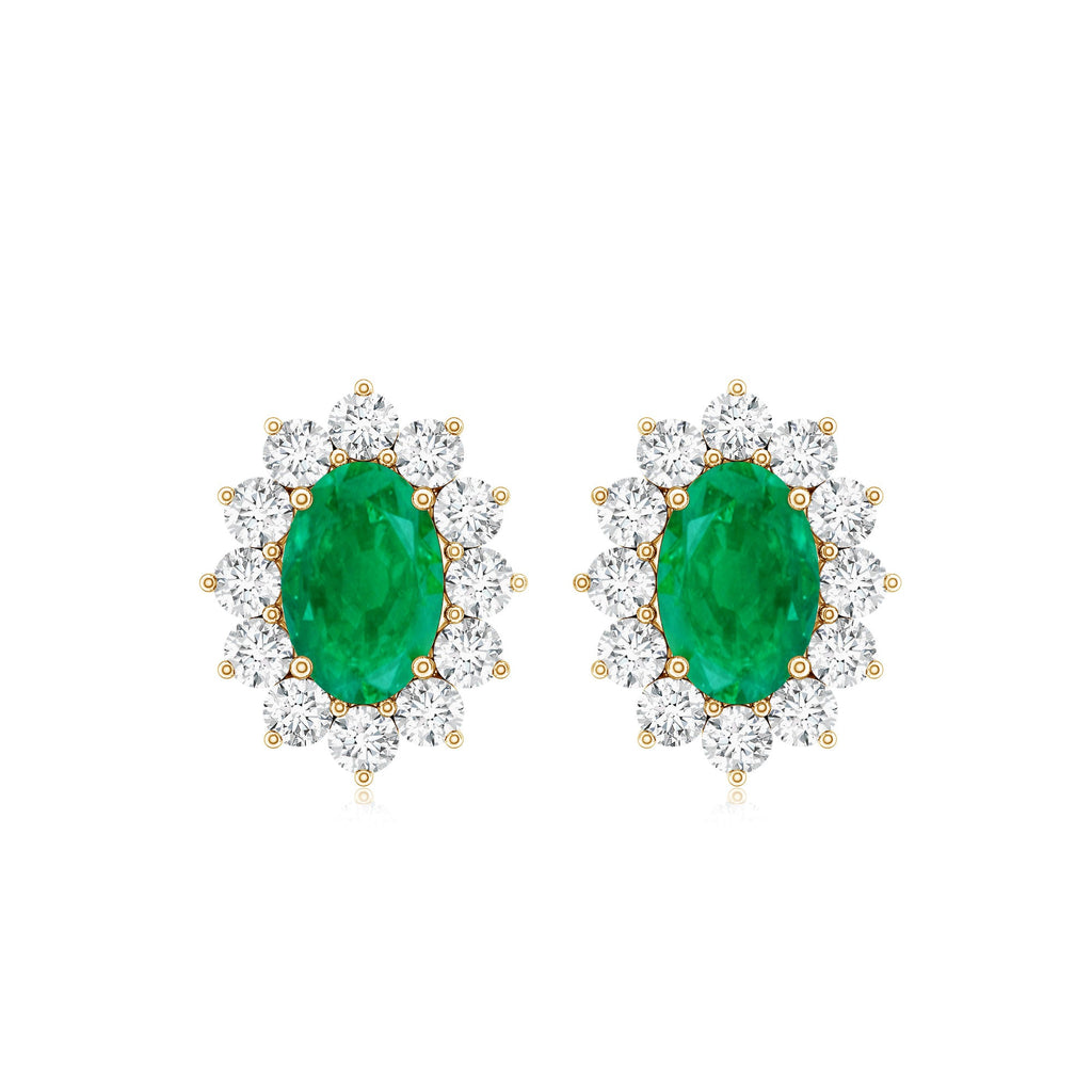 Oval Cut Natural Emerald Stud Earrings with Diamond Halo
