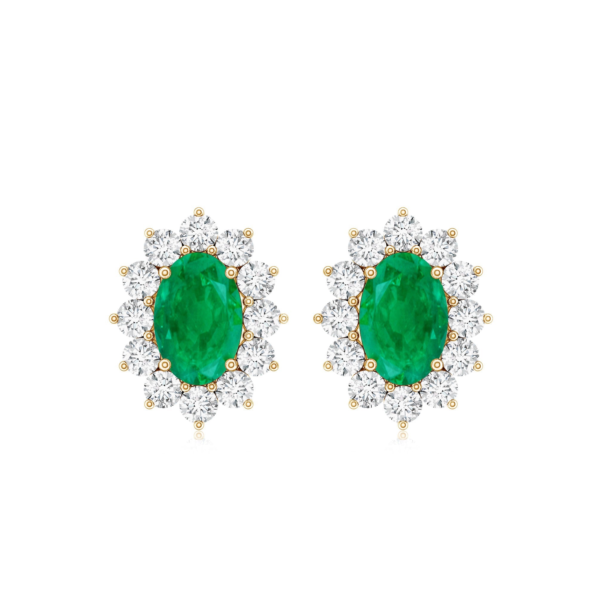Oval Cut Natural Emerald Stud Earrings with Diamond Halo