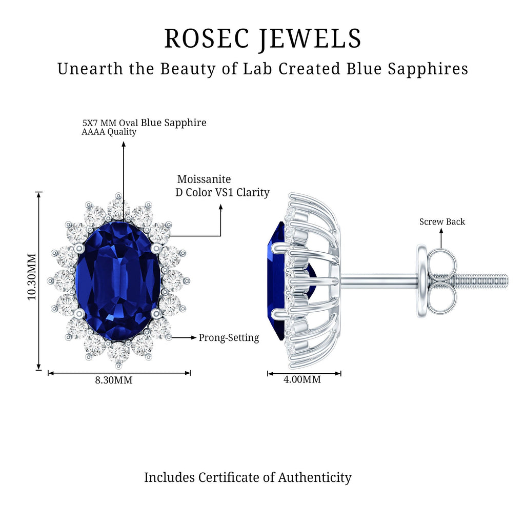 Lab Created Blue Sapphire Oval Stud Earrings with Moissanite Halo