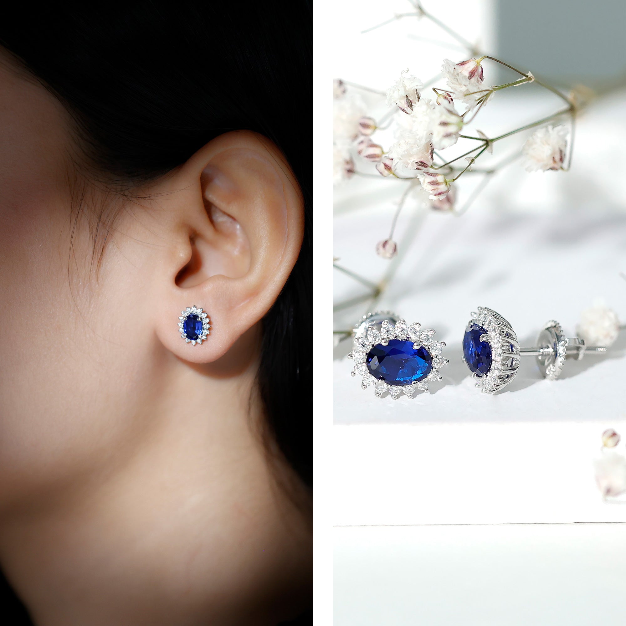 Lab Created Blue Sapphire Oval Stud Earrings with Moissanite Halo