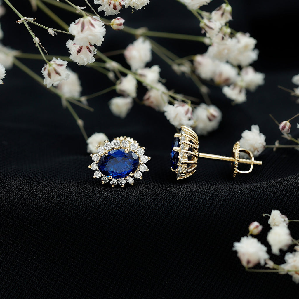 Lab Created Blue Sapphire Oval Stud Earrings with Moissanite Halo