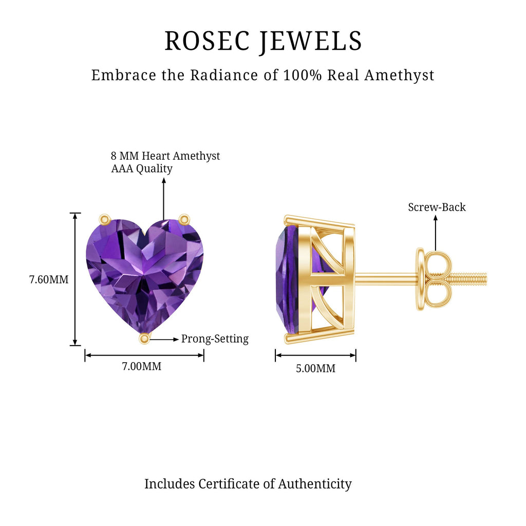 Heart Shape Amethyst Solitaire Stud Earrings for Her
