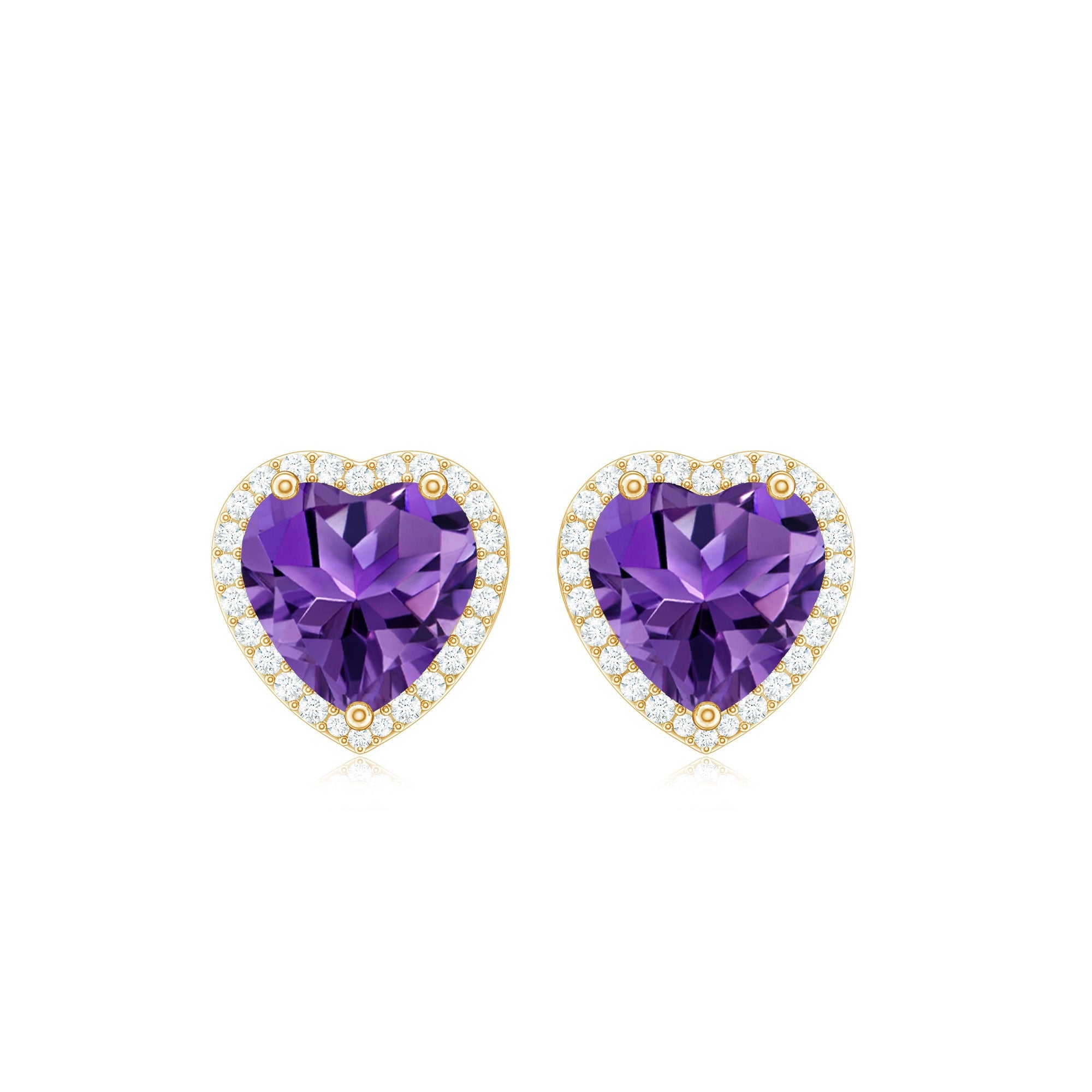 Certified Real Heart Shape Amethyst Stud Earrings with Diamond Halo