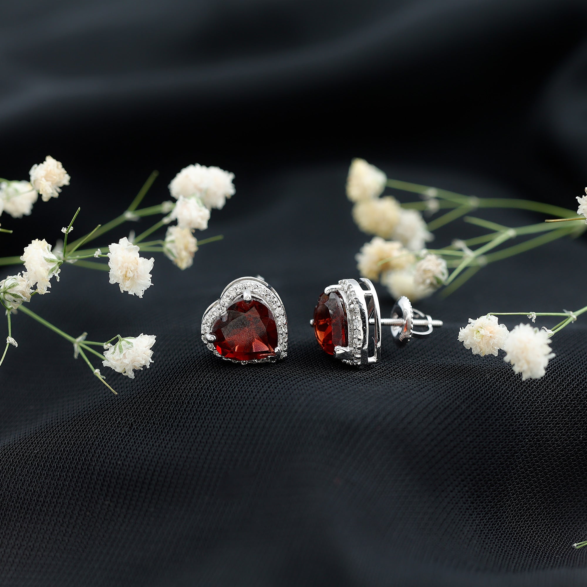 8 CT Heart Shape Garnet Stud Earrings with Diamond Halo