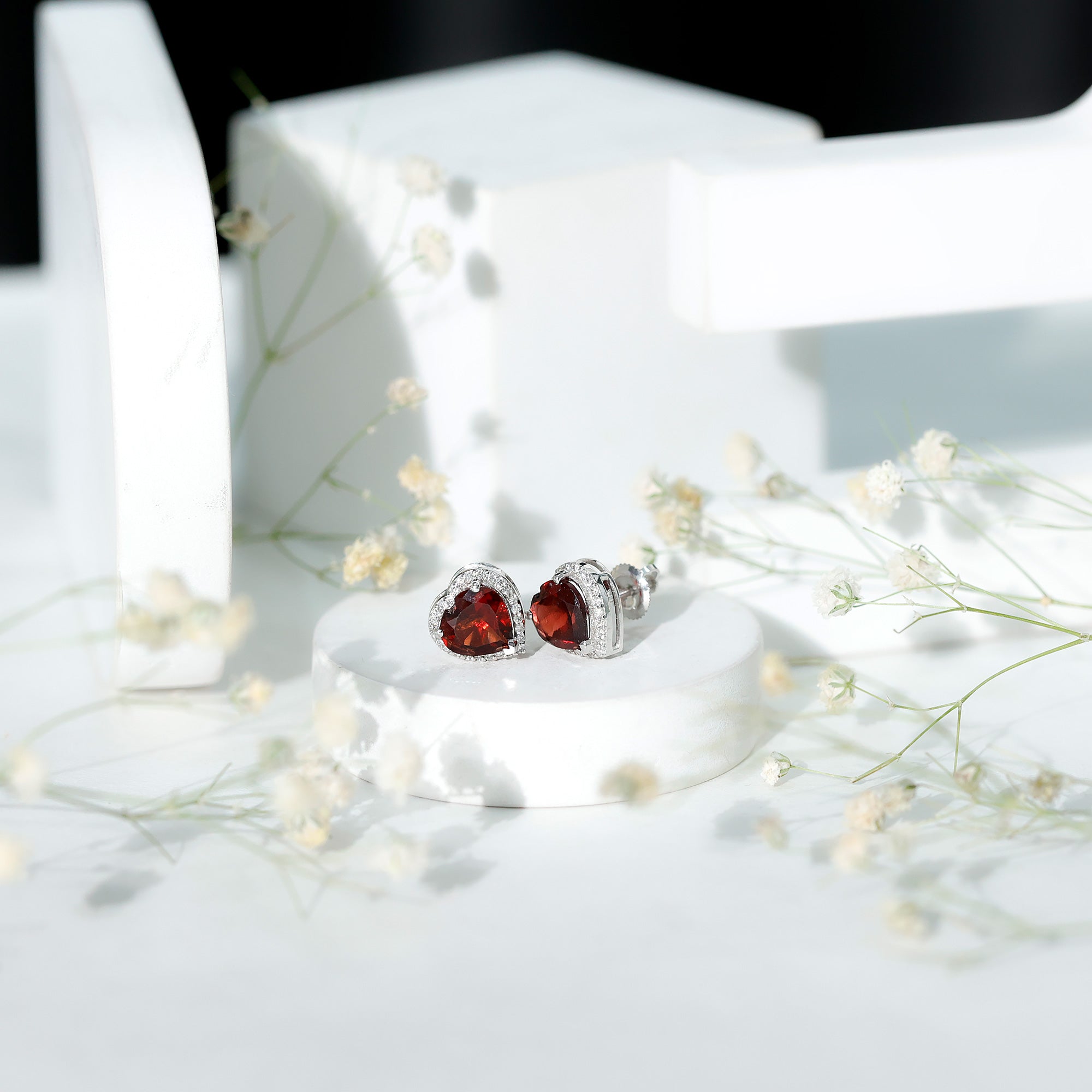 8 CT Heart Shape Garnet Stud Earrings with Diamond Halo