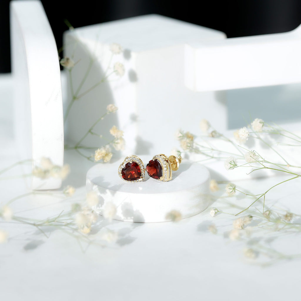 8 CT Heart Shape Garnet Stud Earrings with Diamond Halo