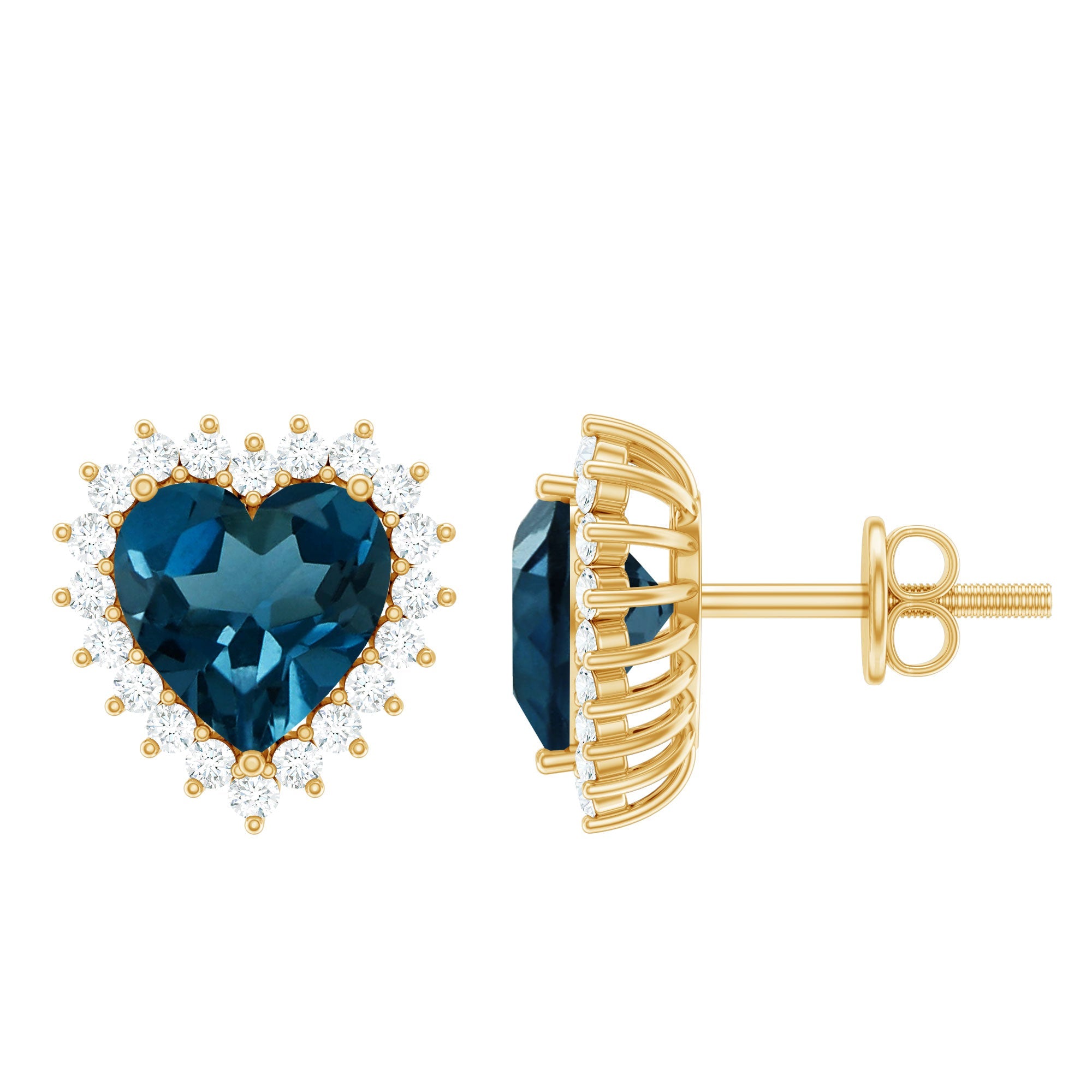 Heart Shape London Blue Topaz and Diamond Stud Earrings