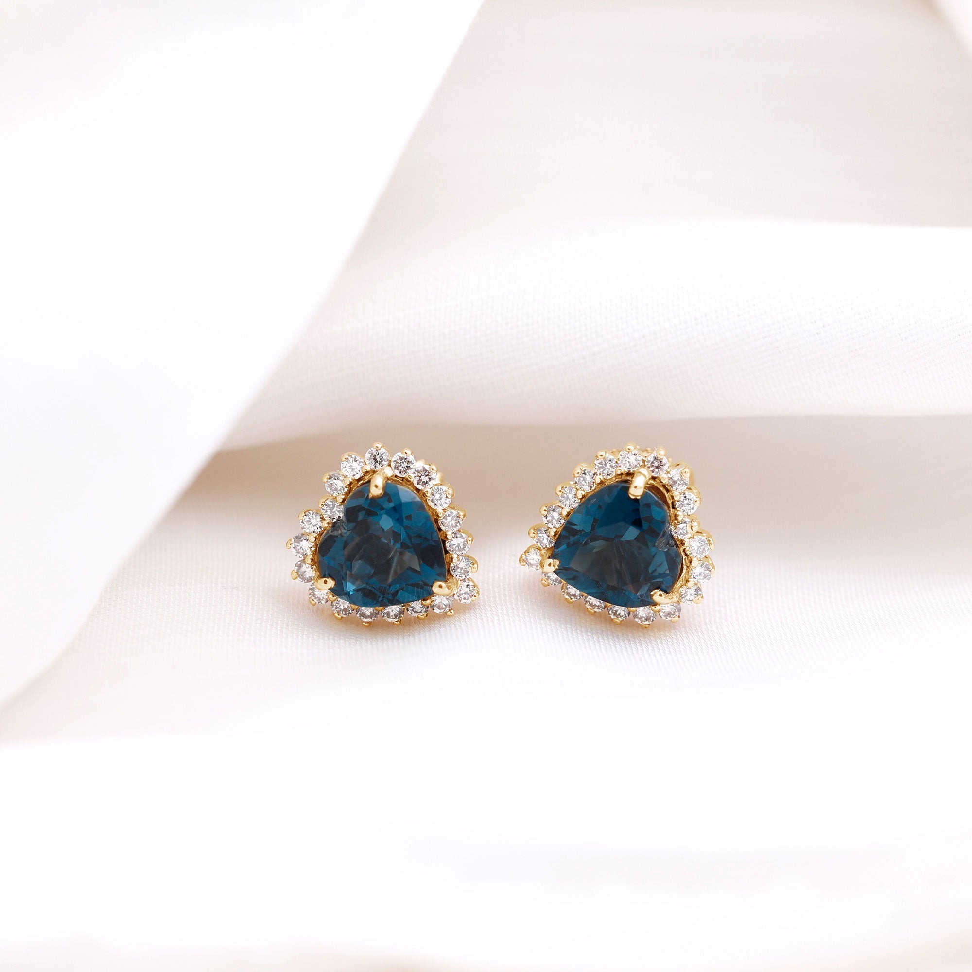 Heart Shape London Blue Topaz and Diamond Stud Earrings