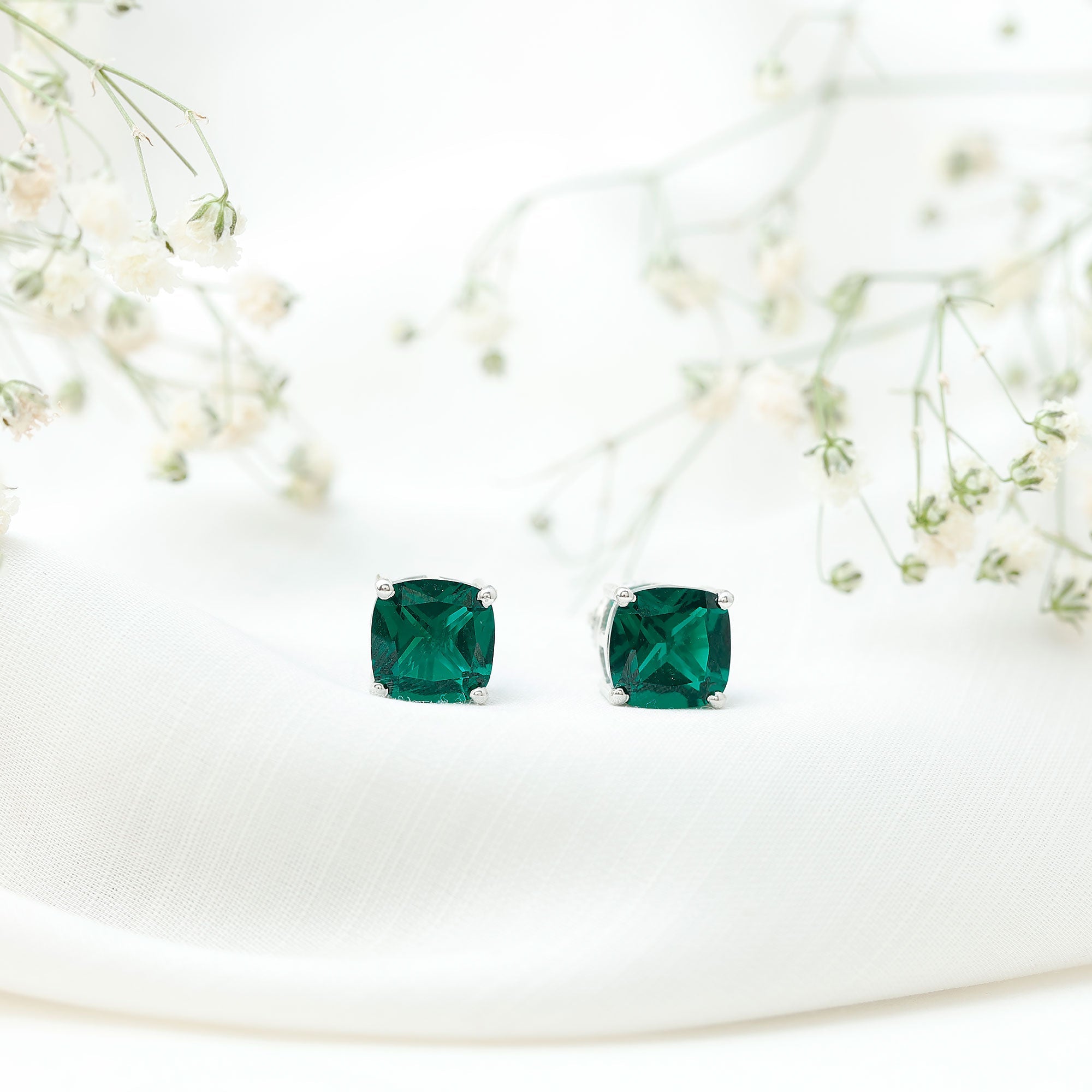 4.2 Carat Cushion Cut Created Emerald Solitaire Stud Earring