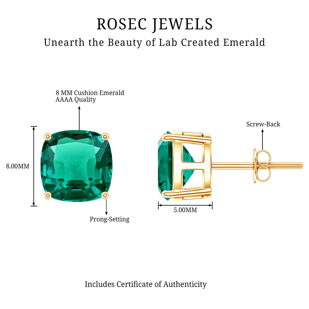 4.2 Carat Cushion Cut Created Emerald Solitaire Stud Earring