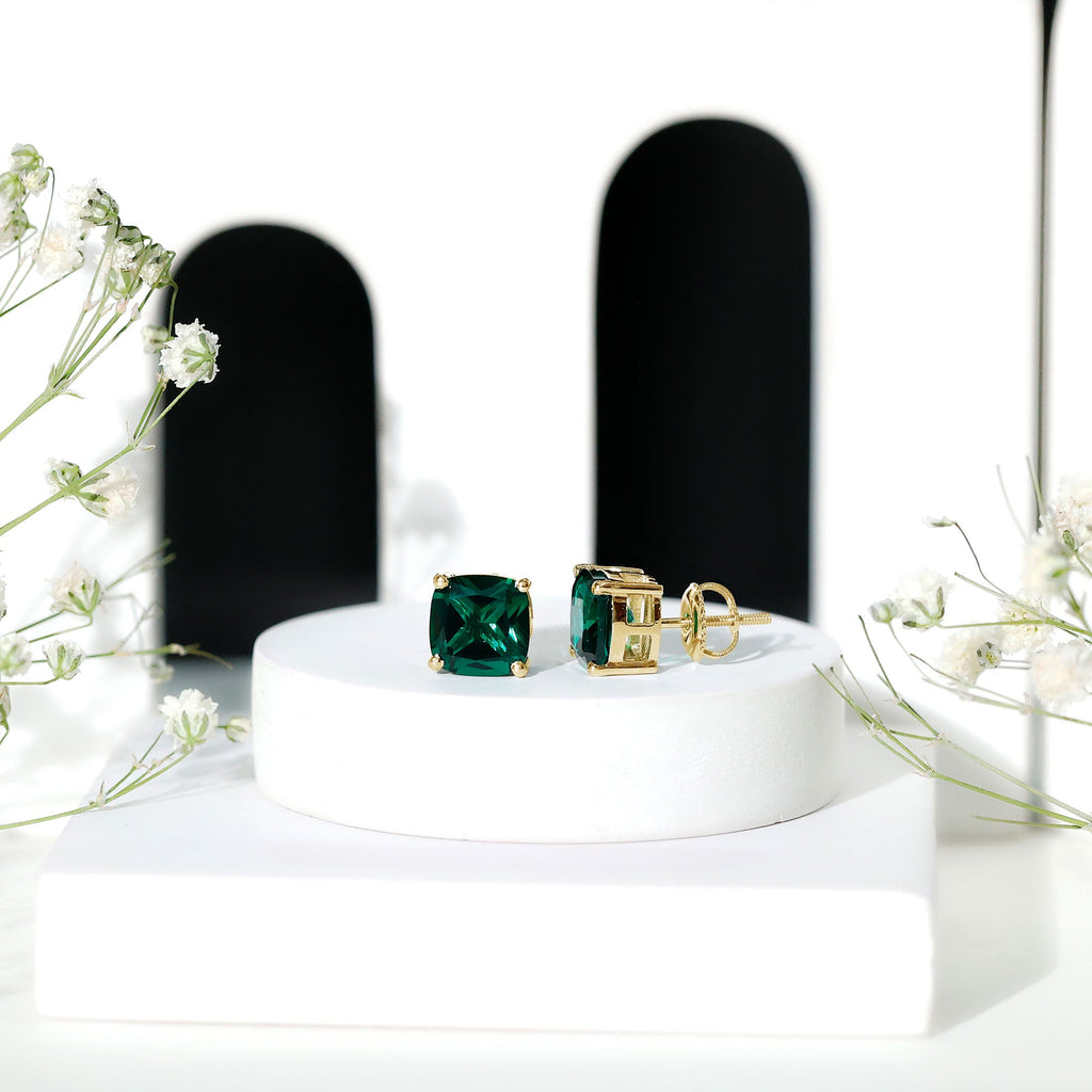 4.2 Carat Cushion Cut Created Emerald Solitaire Stud Earring