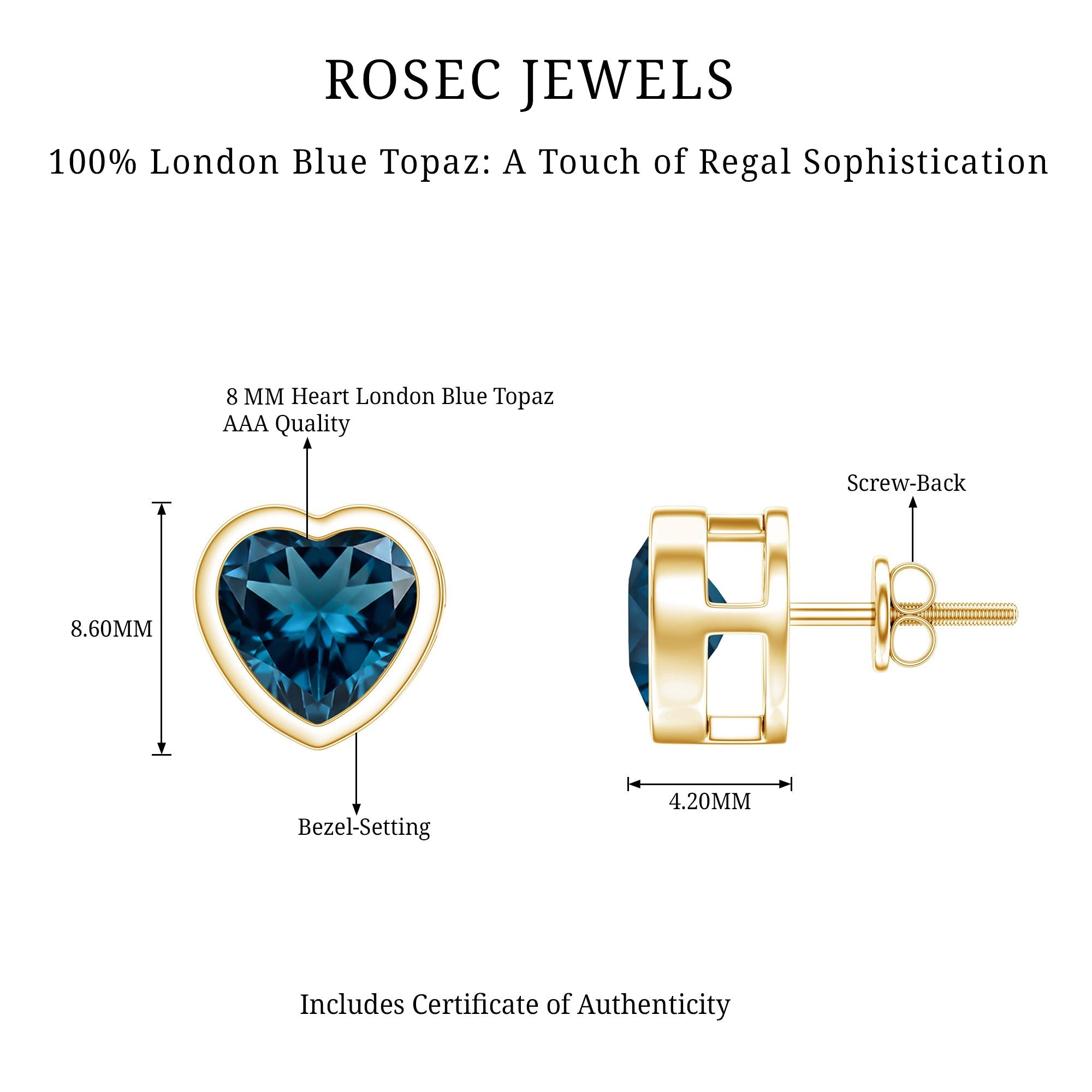 Real 4 Carat London Blue Topaz Heart Stud Earrings for Women